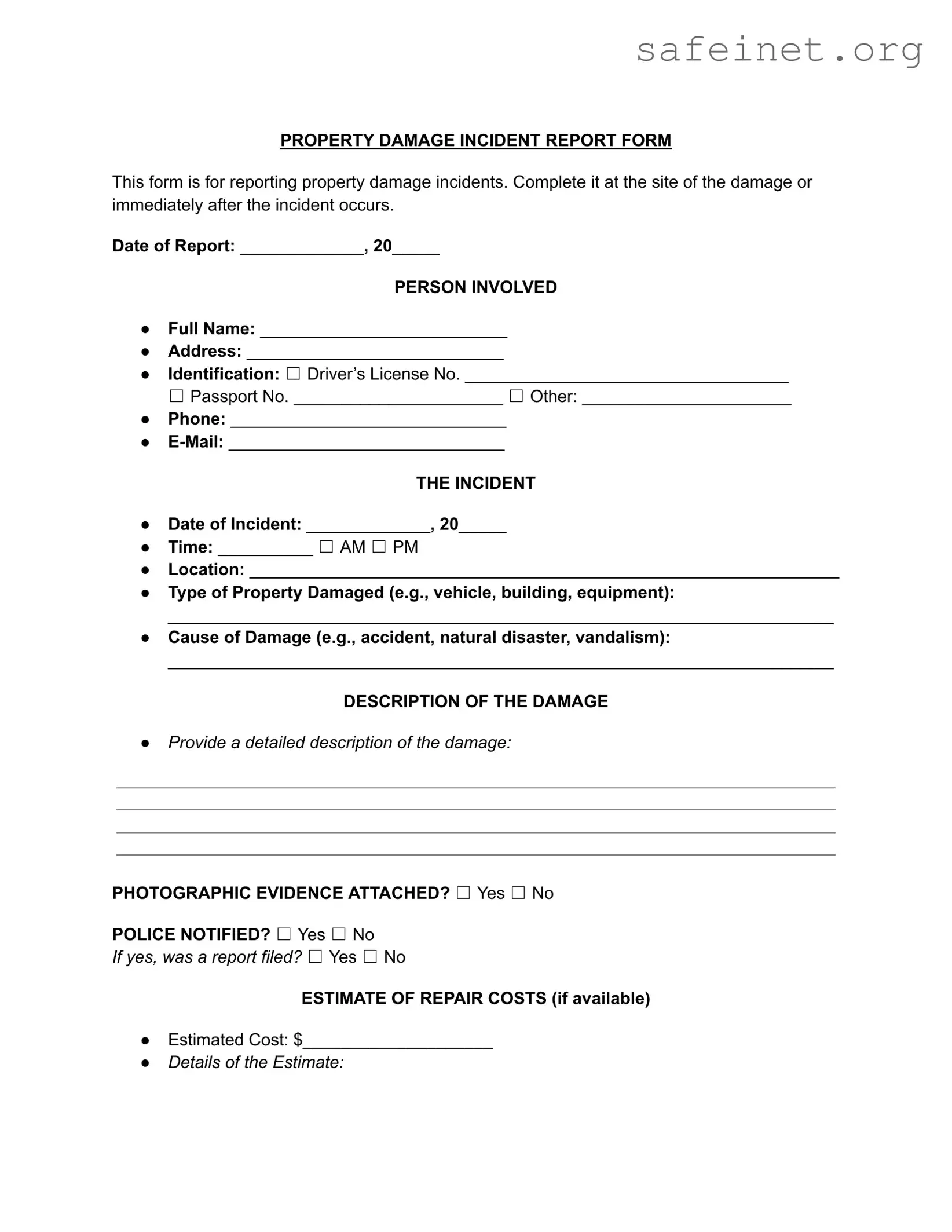 Blank Property Damage Incident Report Template