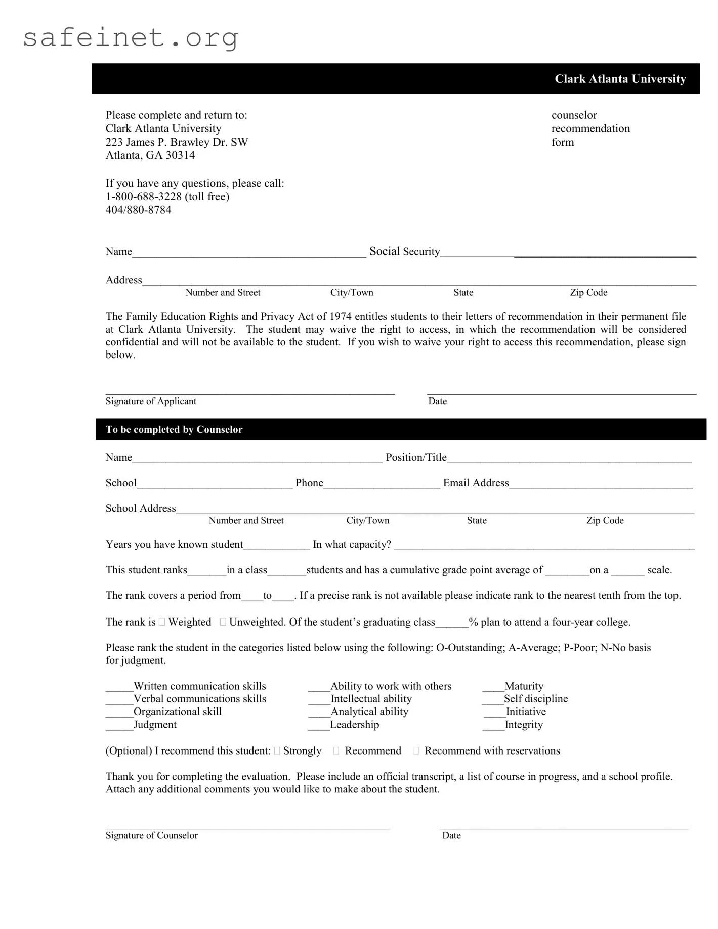 Blank Clark Atlanta Counselor Template