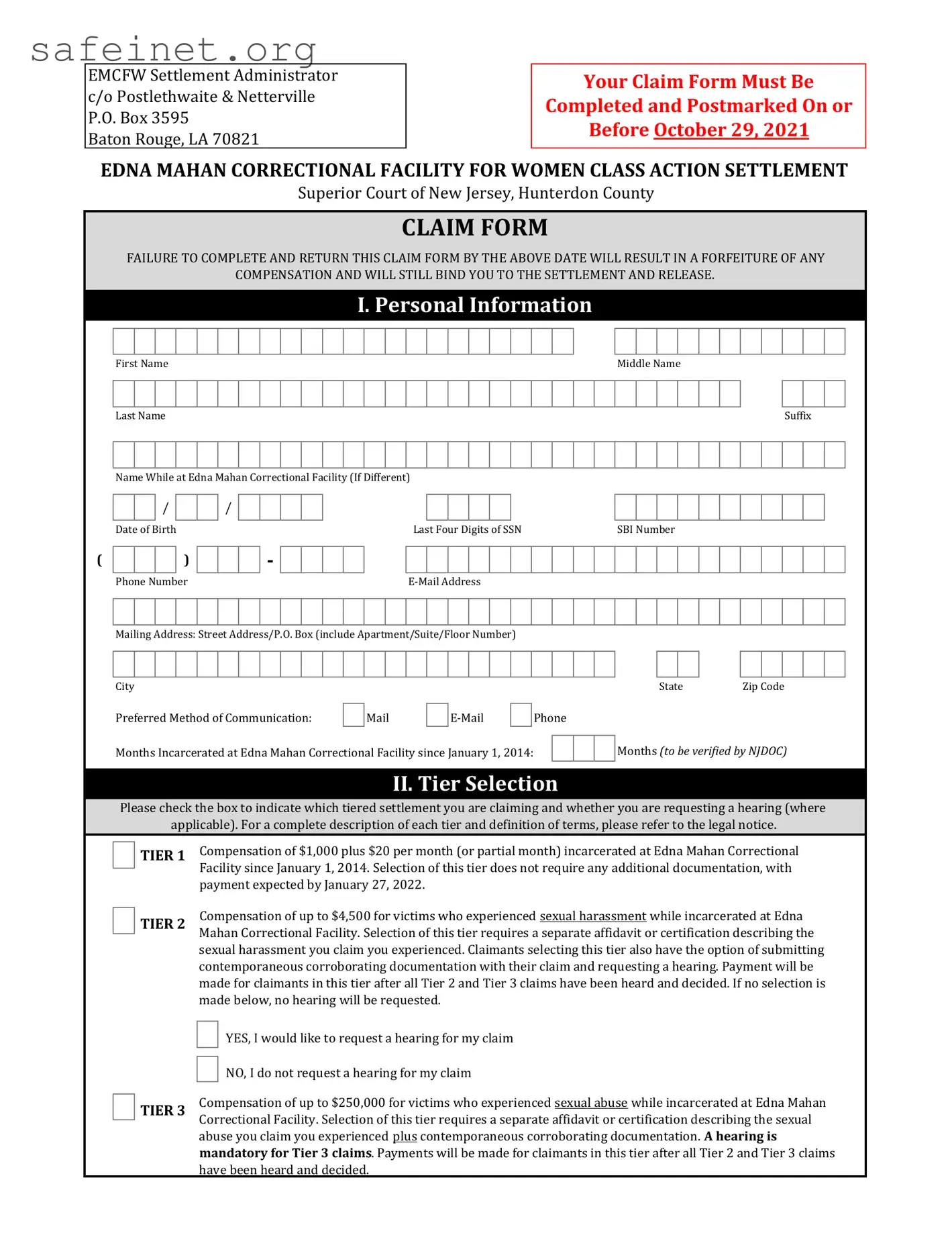 Blank Class Action Claim Template