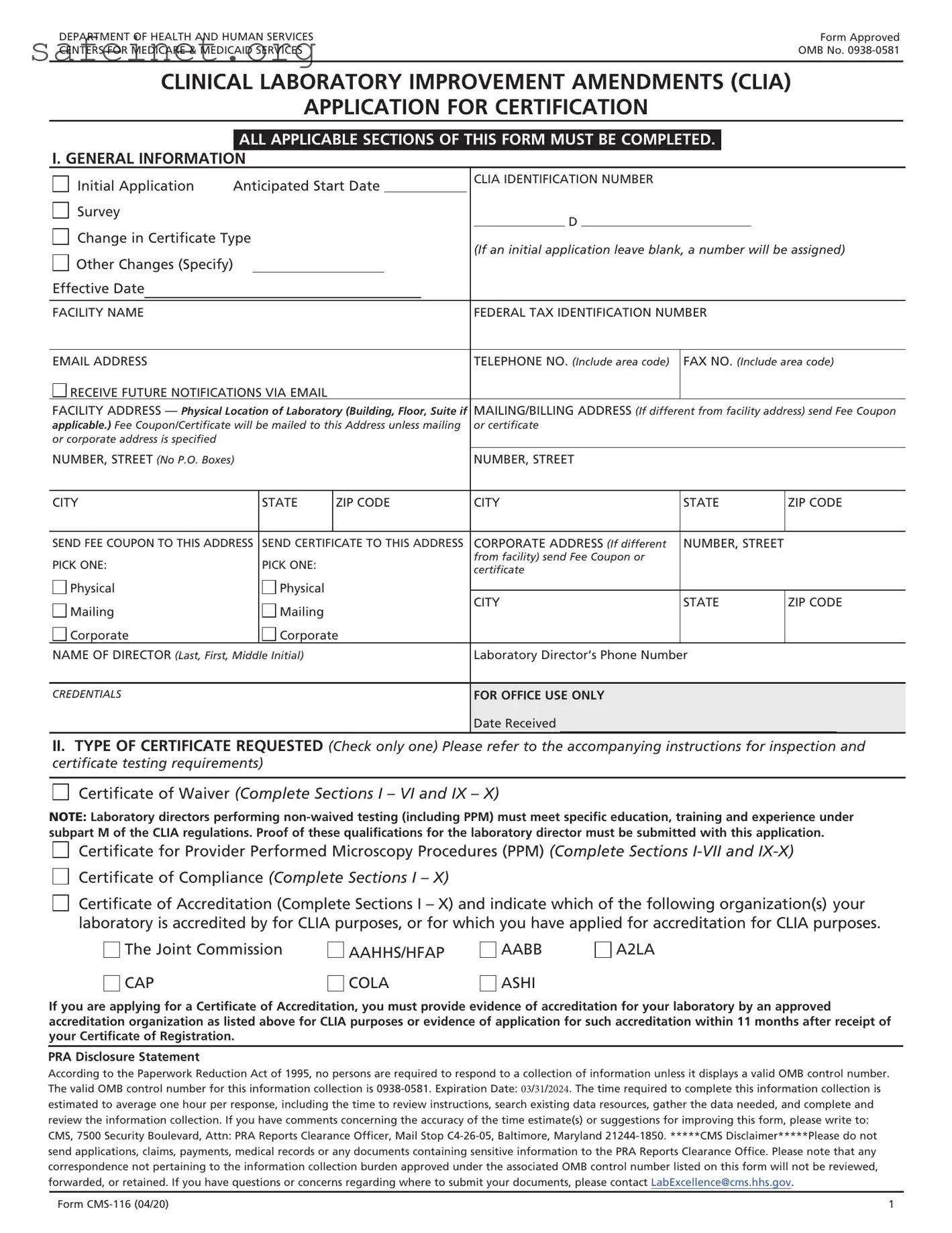 Blank Clia Application Cms 116 Template