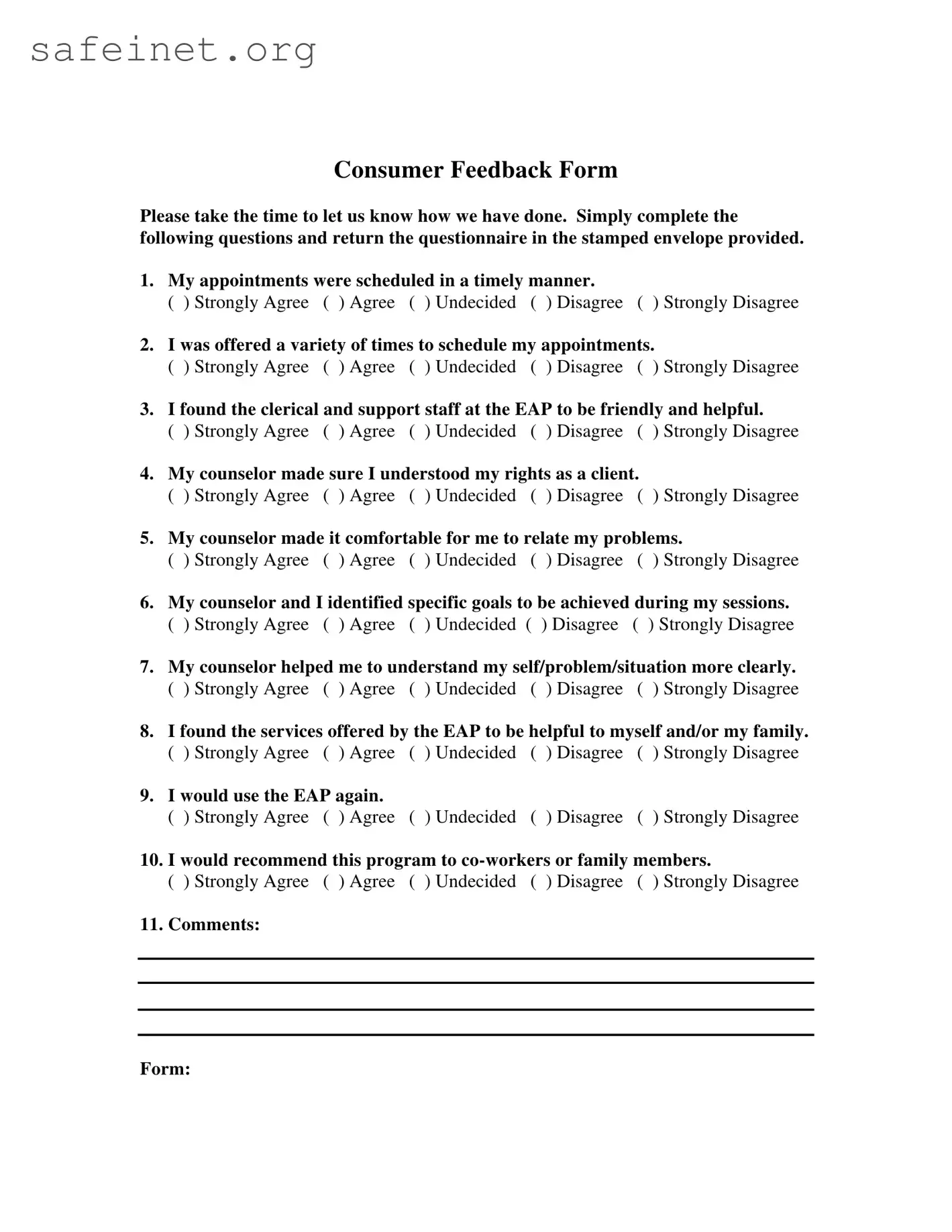 Blank Client Feedback Template
