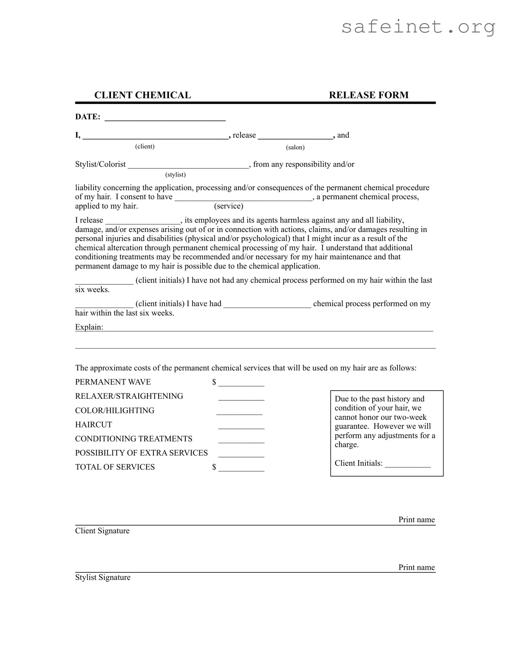 Blank Salon Chemical Waiver Template
