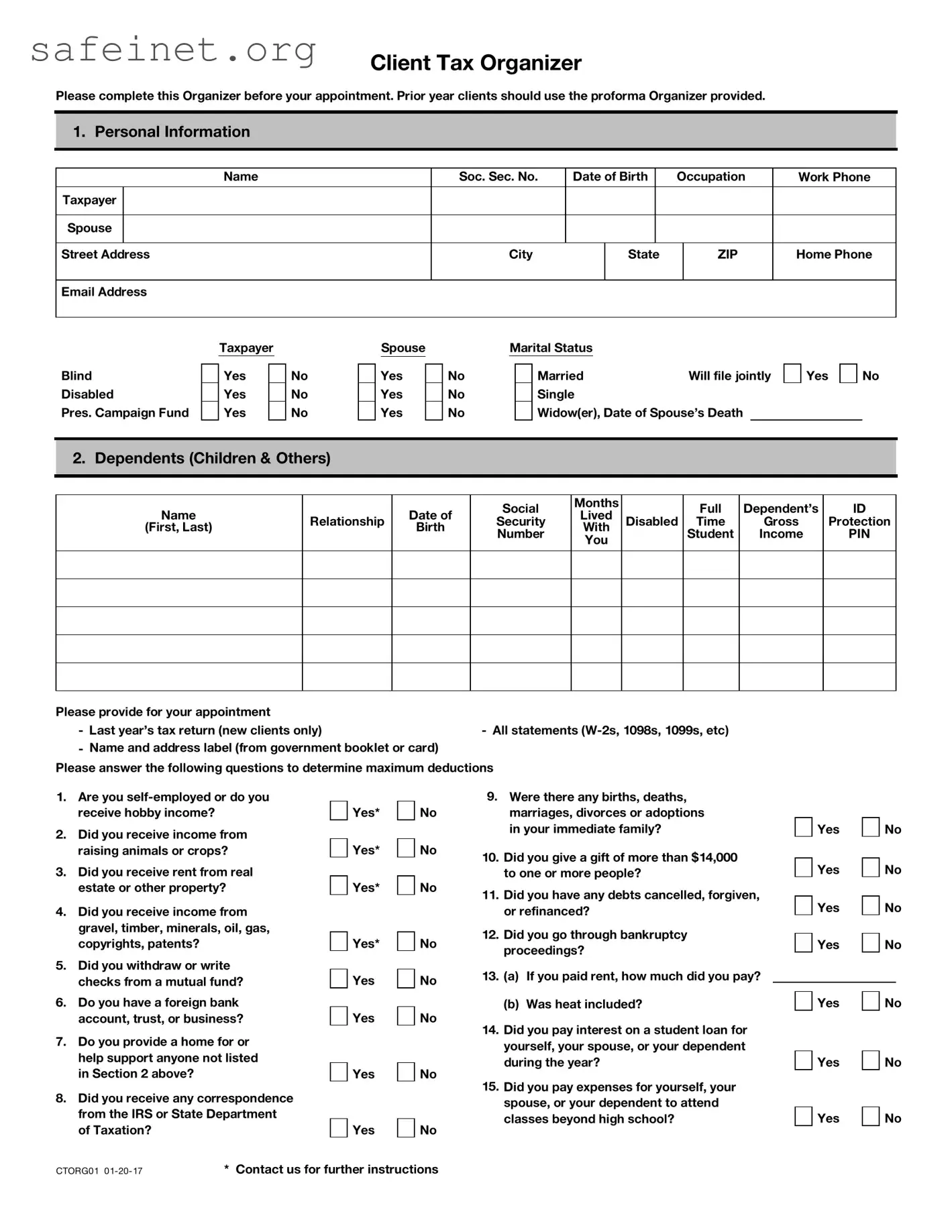 Blank Client Tax Organizer Template