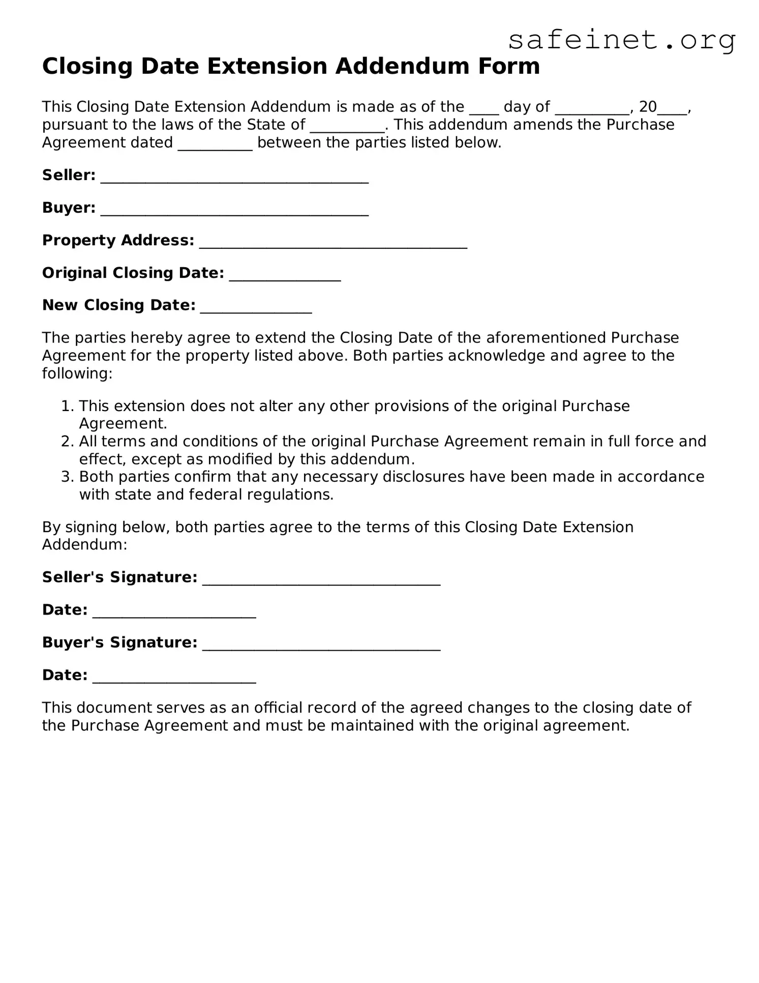 Official Closing Date Extension Addendum Form Document