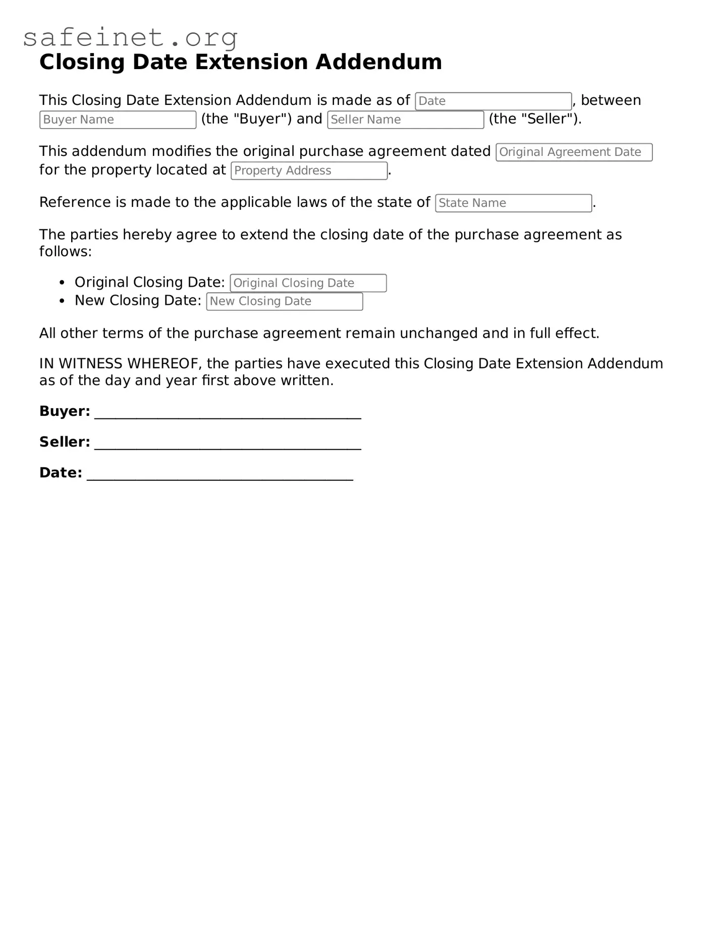 Official Closing Date Extension Addendum Document