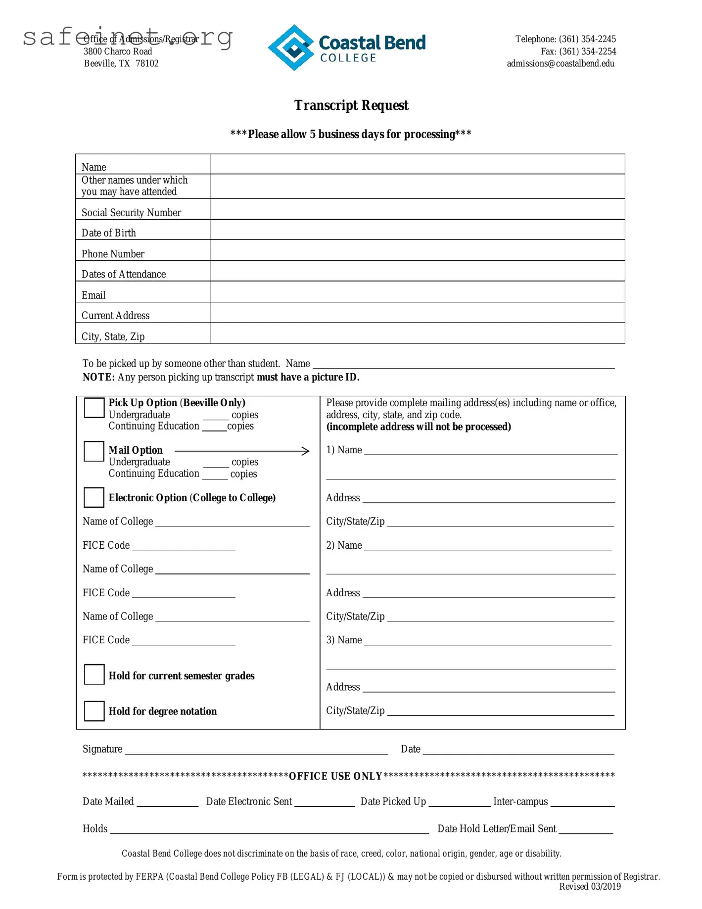 Blank Coastal Bend Transcript Template