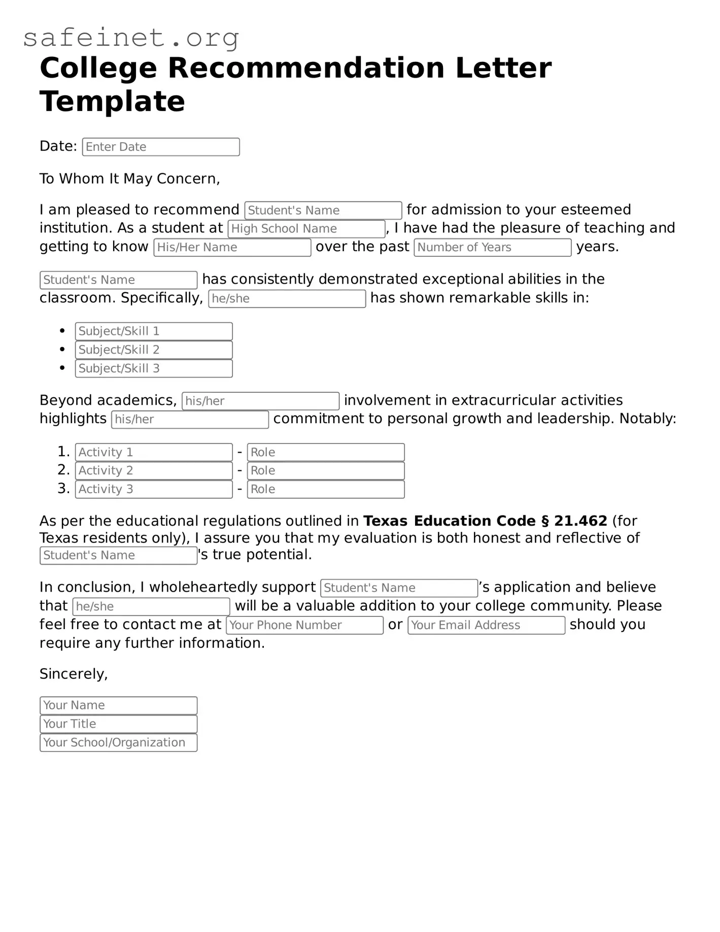 Official College Recommendation Letter Document