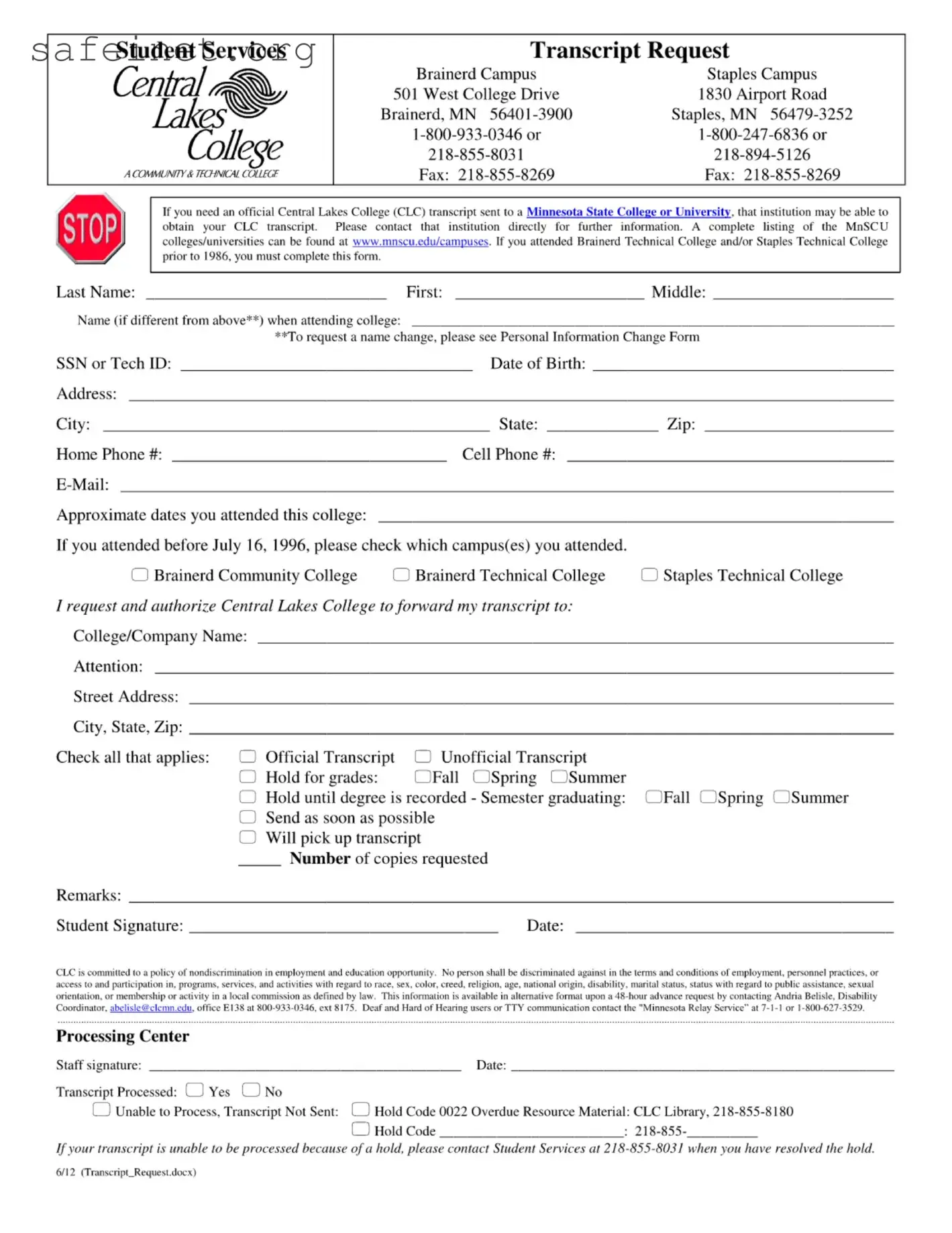 Blank College Transcript Request Template
