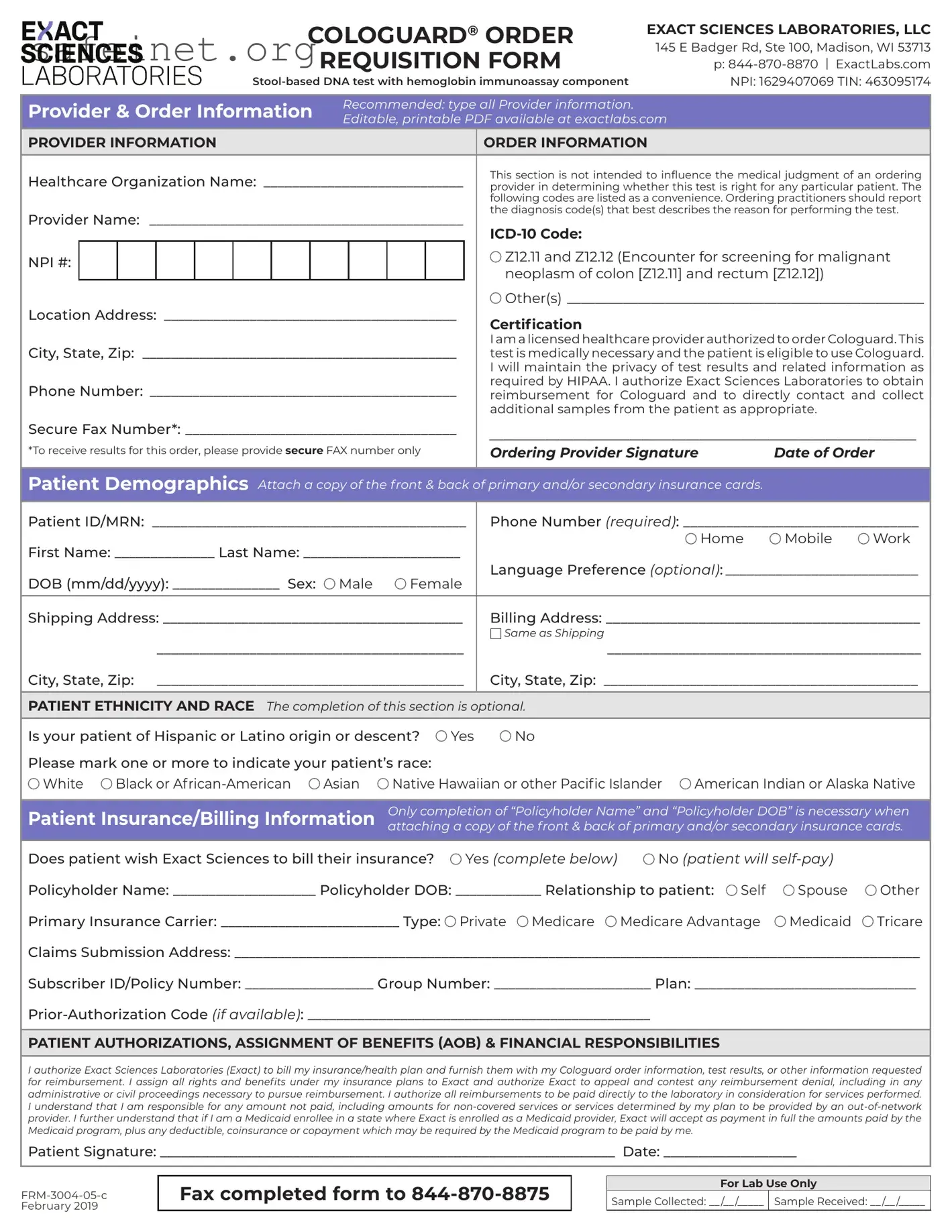 Blank Cologuard Order Template