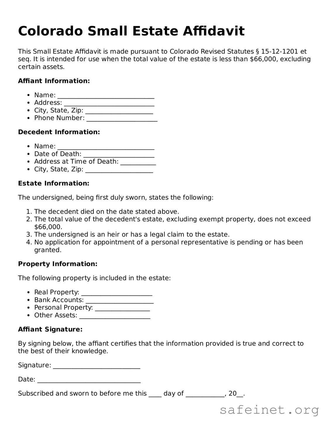 Valid Small Estate Affidavit Template for the State of Colorado