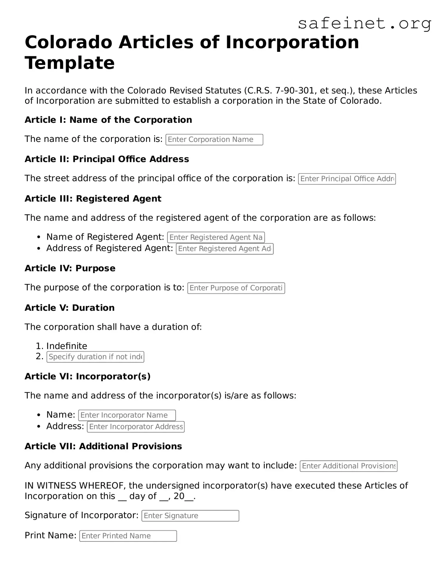 Valid Articles of Incorporation Template for the State of Colorado