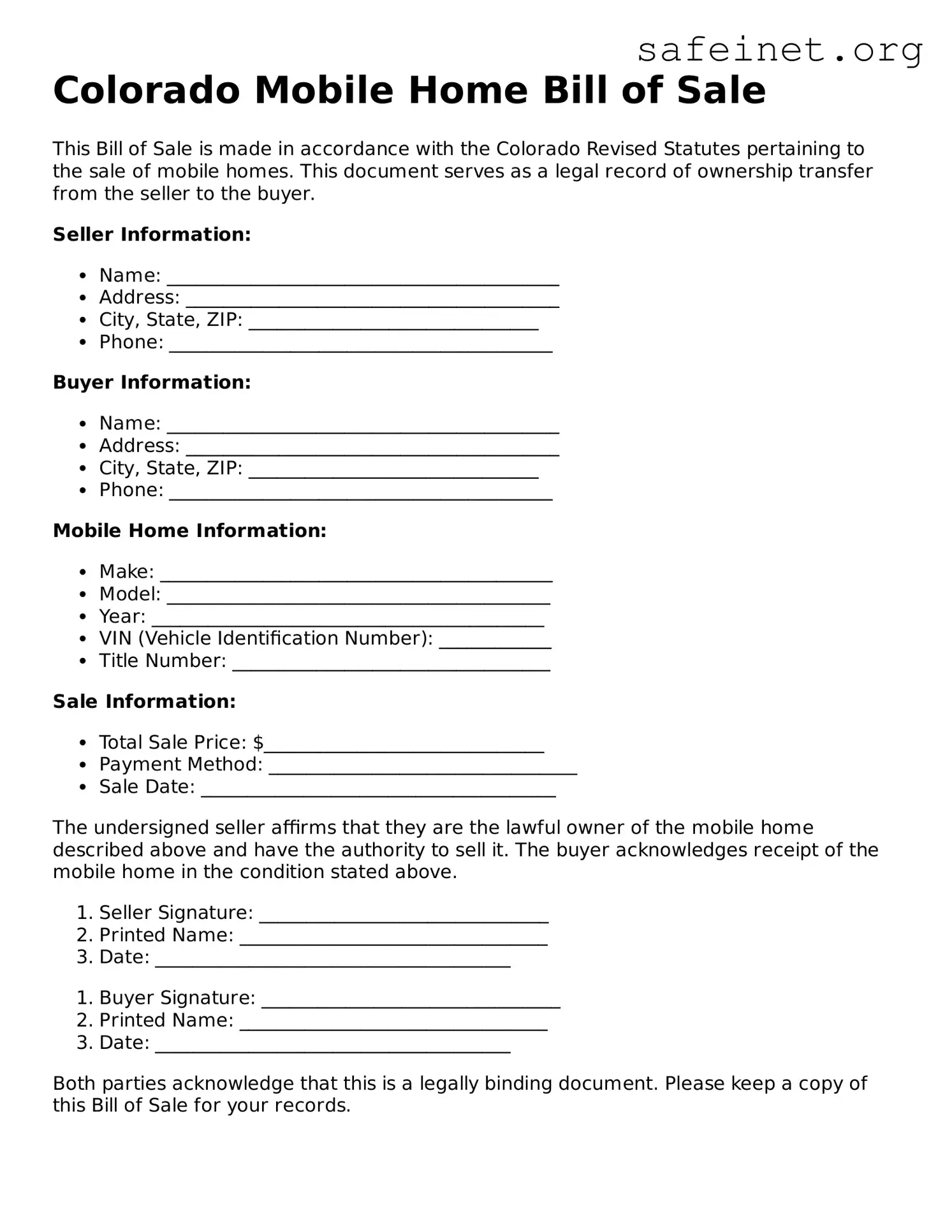 Valid Mobile Home Bill of Sale Template for the State of Colorado