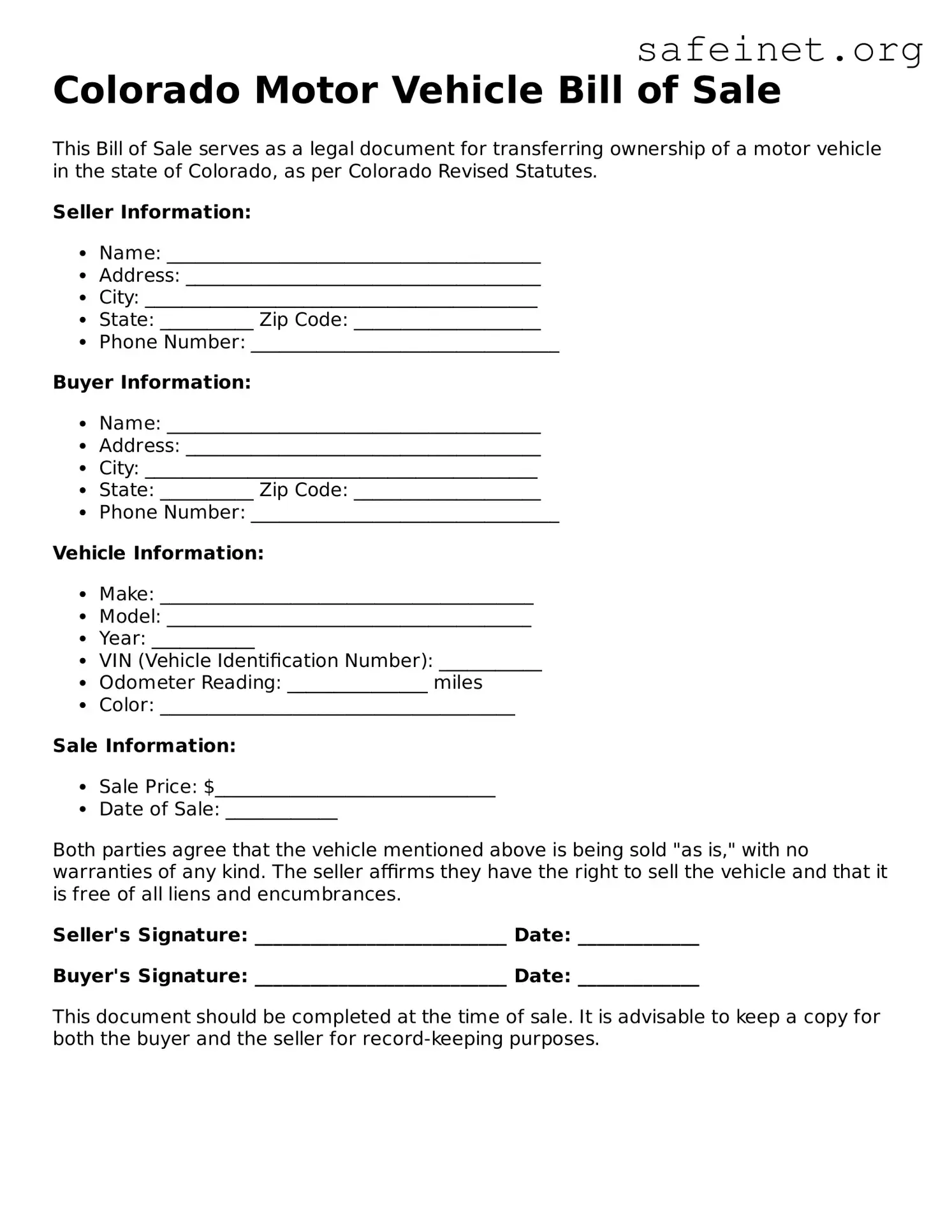 Valid Motor Vehicle Bill of Sale Template for the State of Colorado