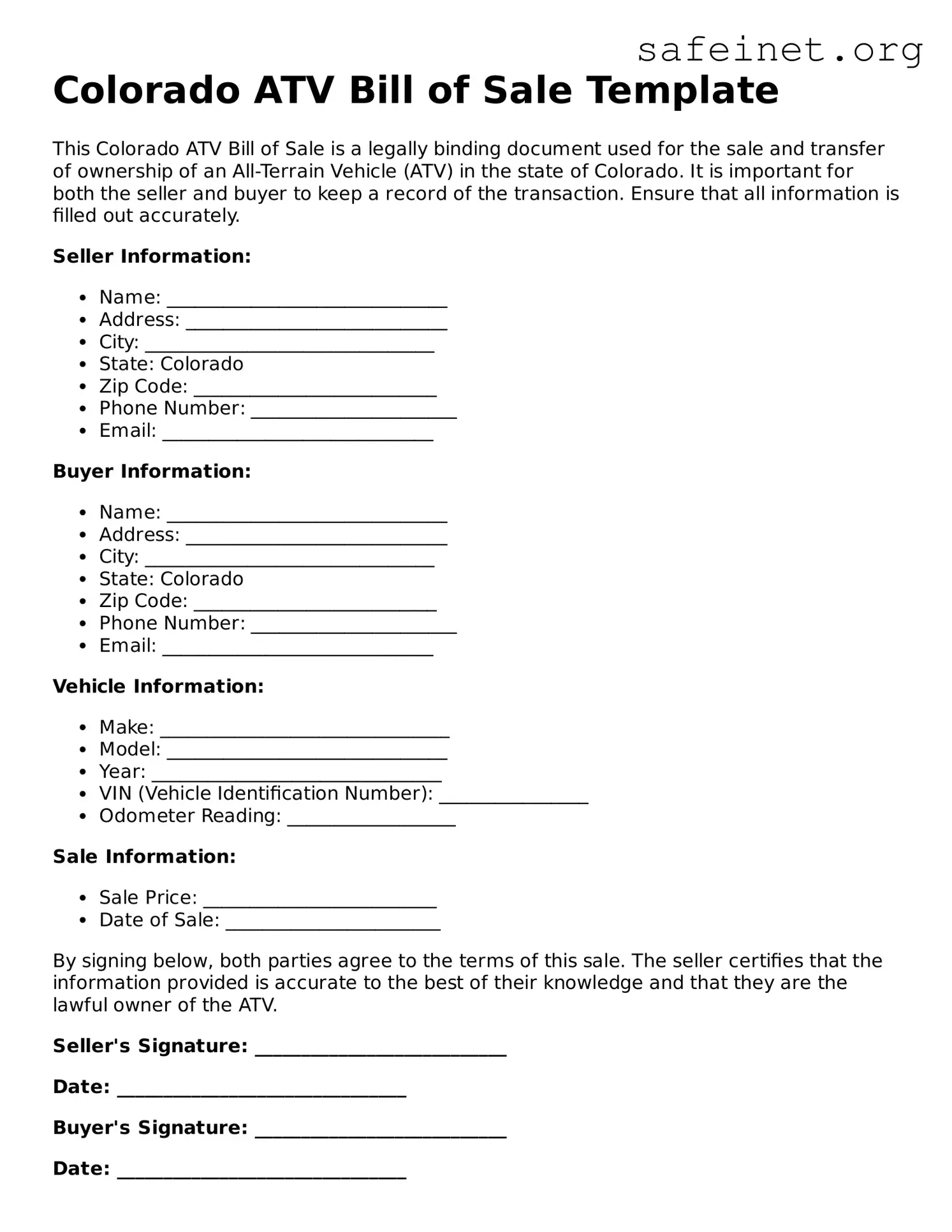 Valid ATV Bill of Sale Template for the State of Colorado
