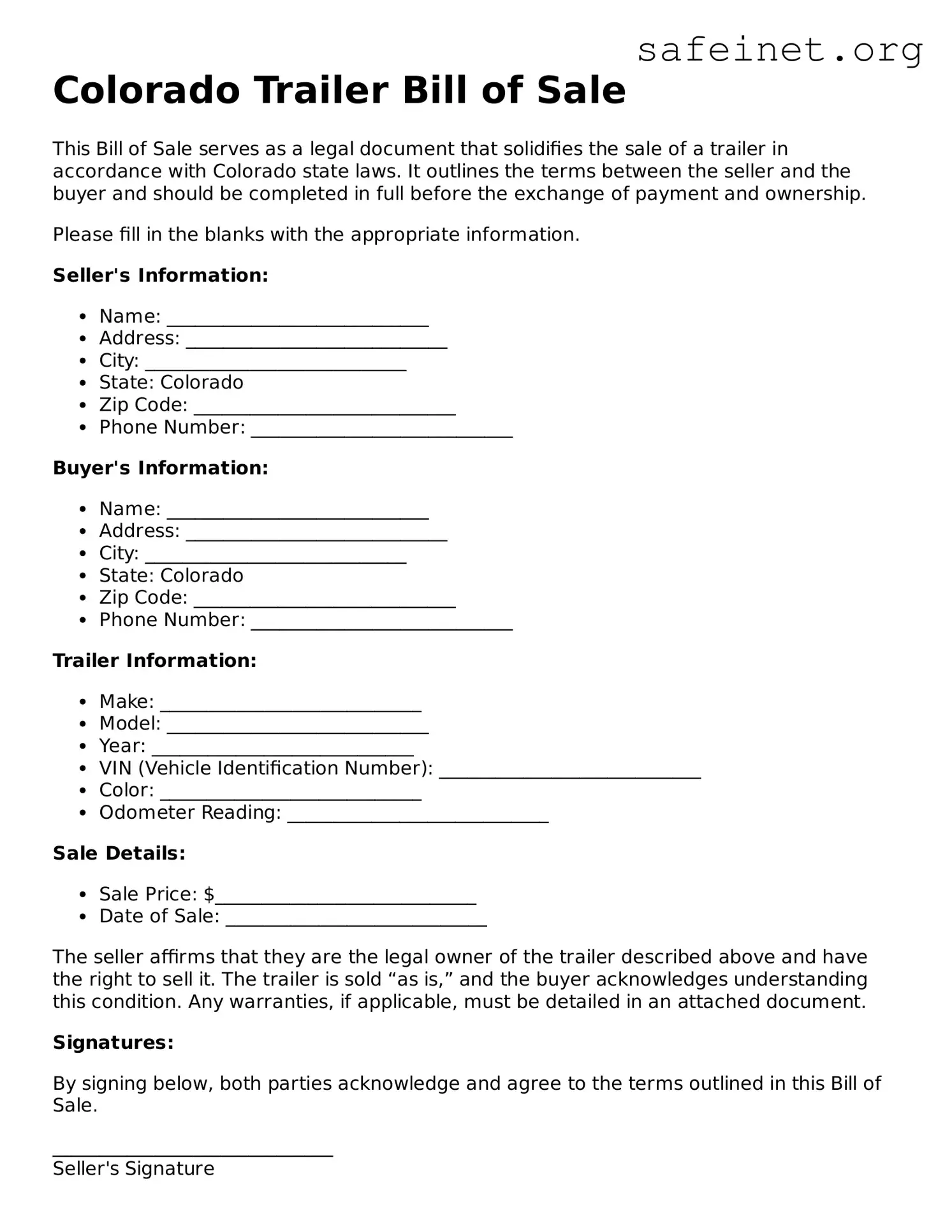 Valid Trailer Bill of Sale Template for the State of Colorado