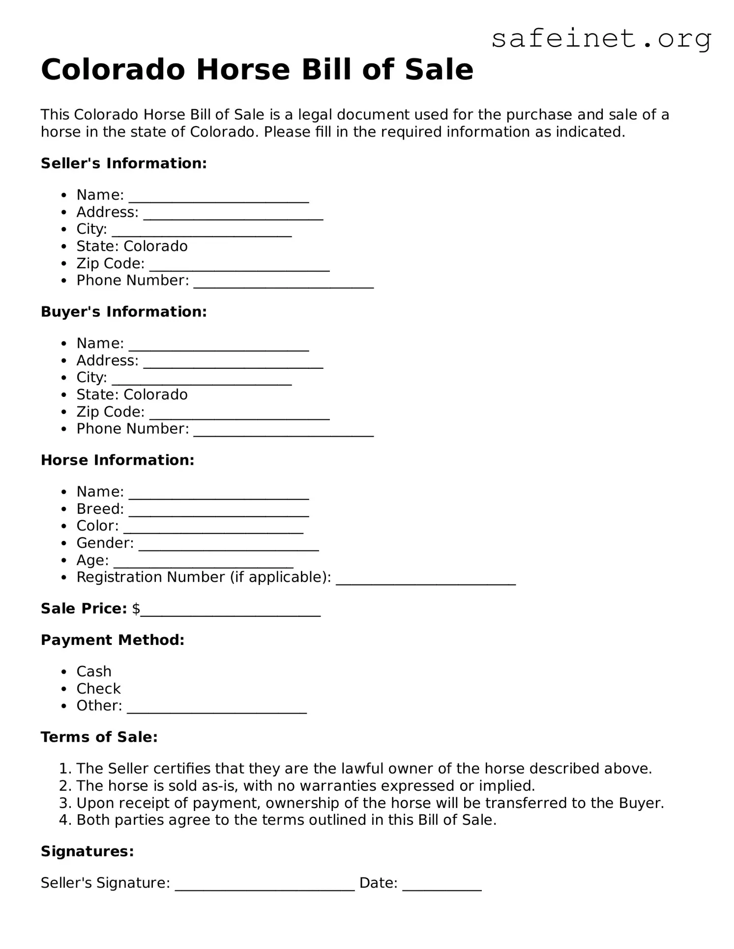 Valid Horse Bill of Sale Template for the State of Colorado