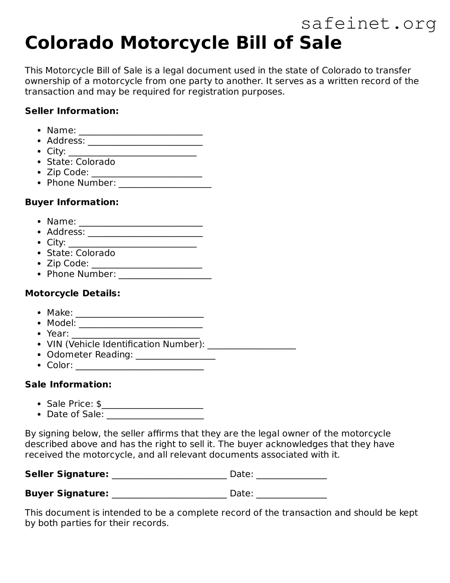Valid Motorcycle Bill of Sale Template for the State of Colorado