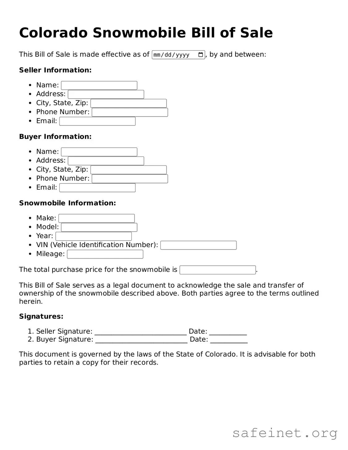 Valid Snowmobile Bill of Sale Template for the State of Colorado