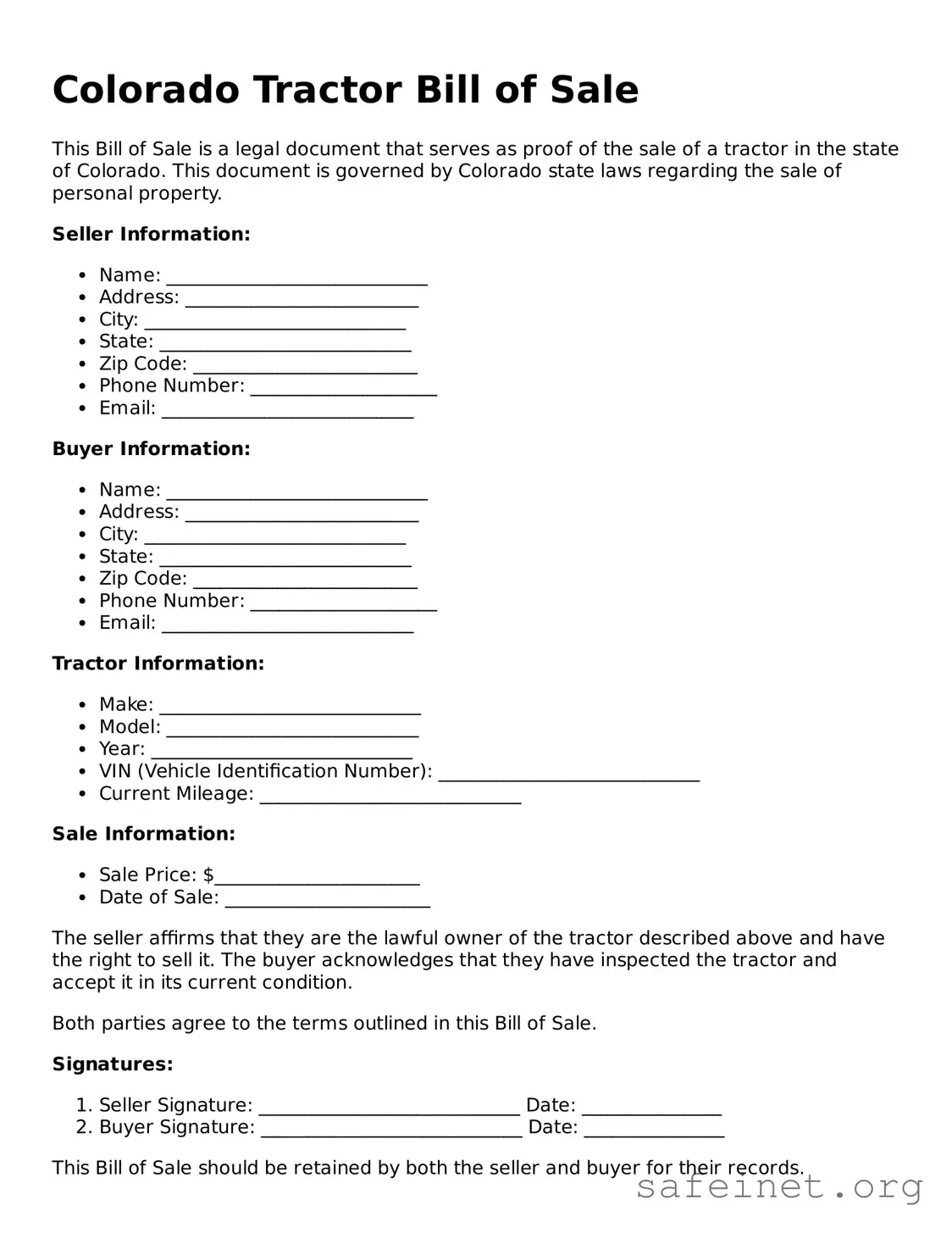 Valid Tractor Bill of Sale Template for the State of Colorado