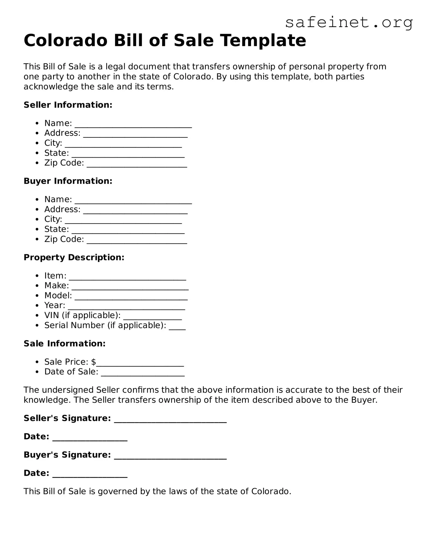 Valid Bill of Sale Template for the State of Colorado