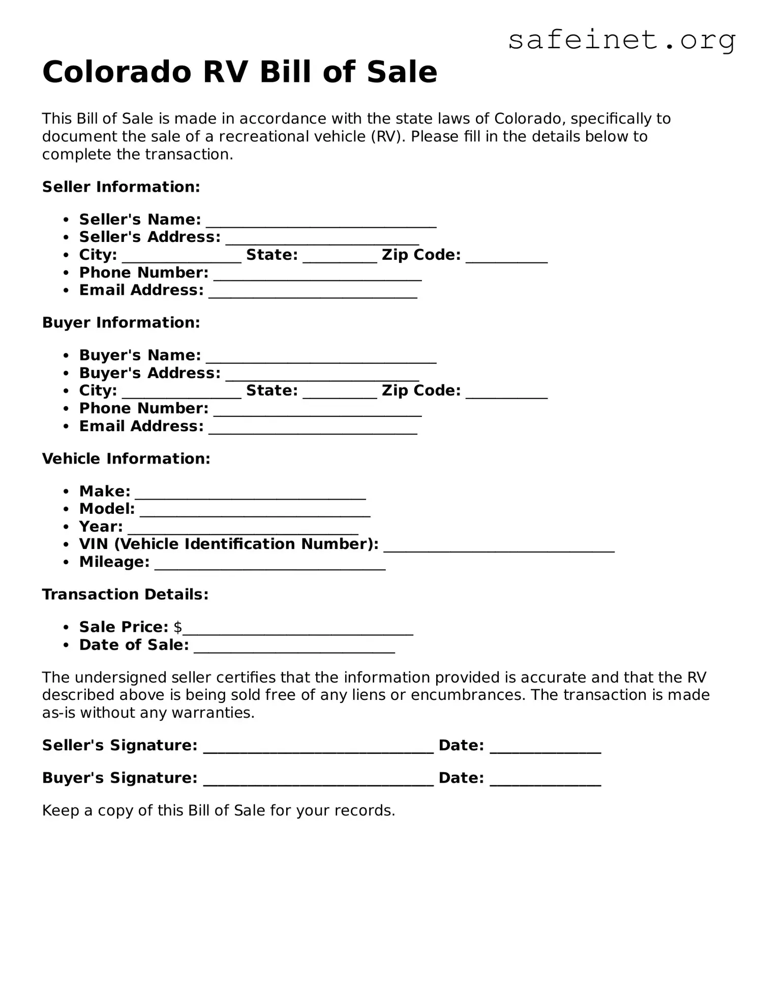 Valid RV Bill of Sale Template for the State of Colorado