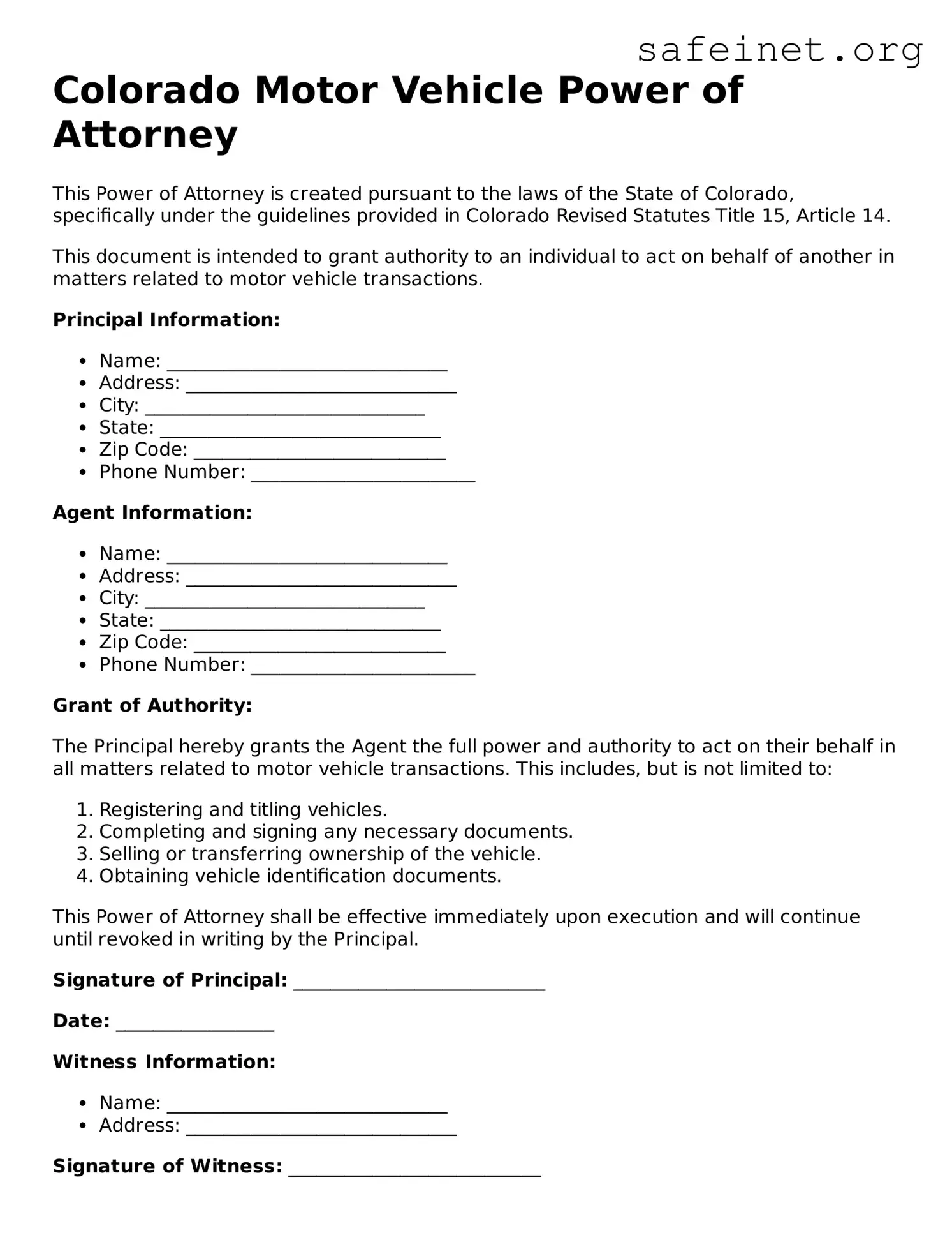 Valid Motor Vehicle Power of Attorney Template for the State of Colorado