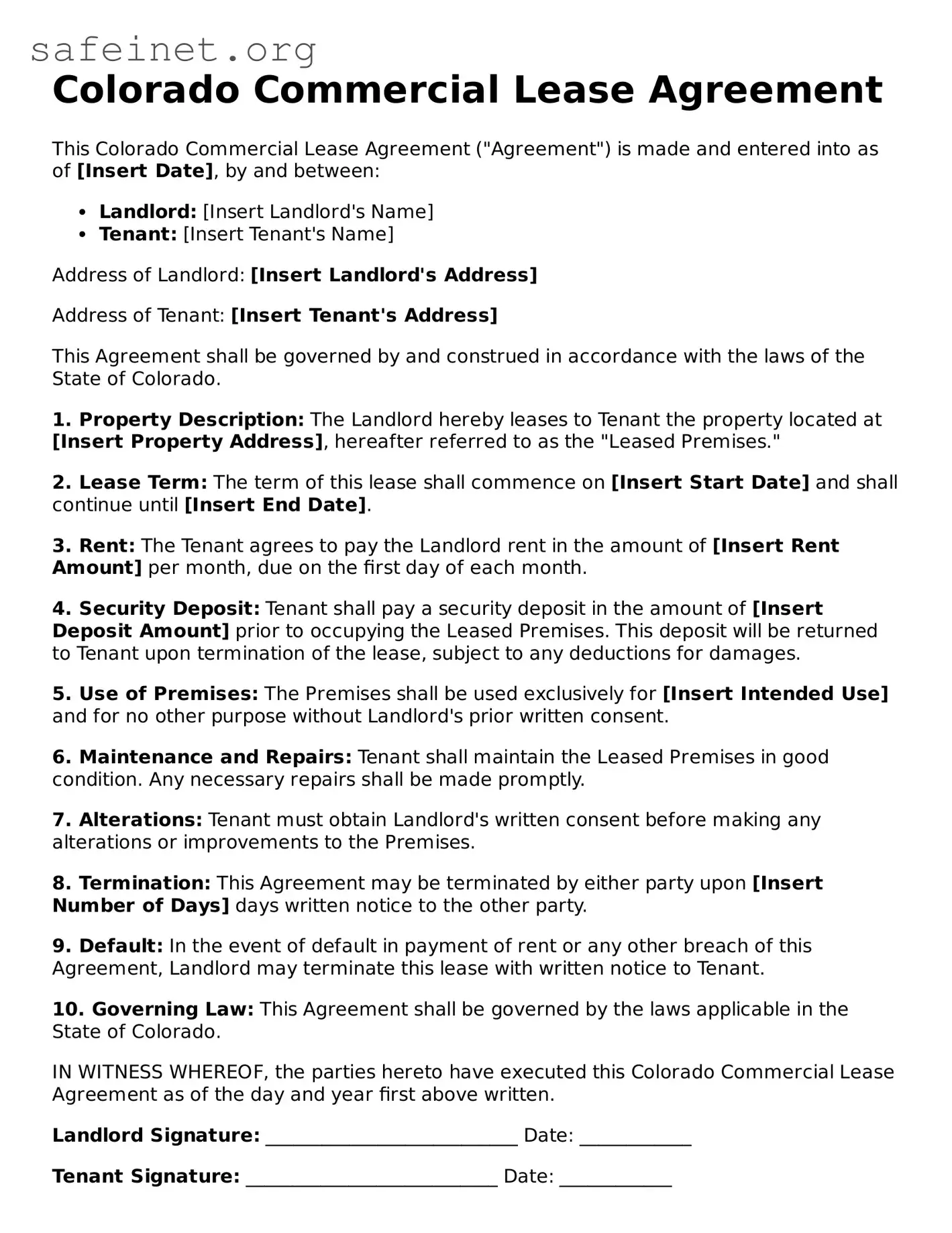 Valid Commercial Lease Agreement Template for the State of Colorado