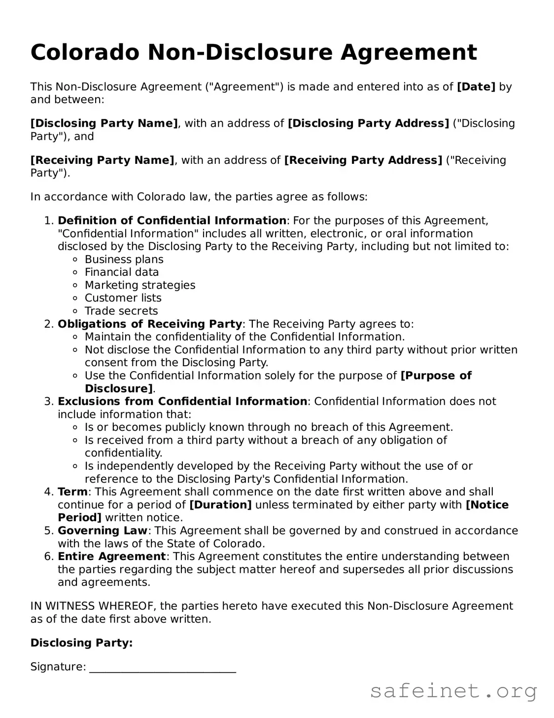 Valid Non-disclosure Agreement Template for the State of Colorado