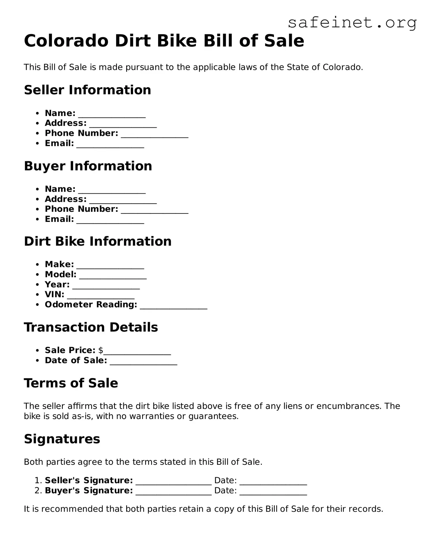 Valid Dirt Bike Bill of Sale Template for the State of Colorado