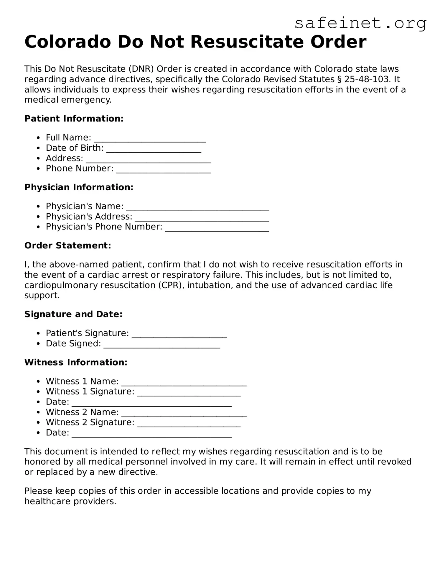 Valid Do Not Resuscitate Order Template for the State of Colorado