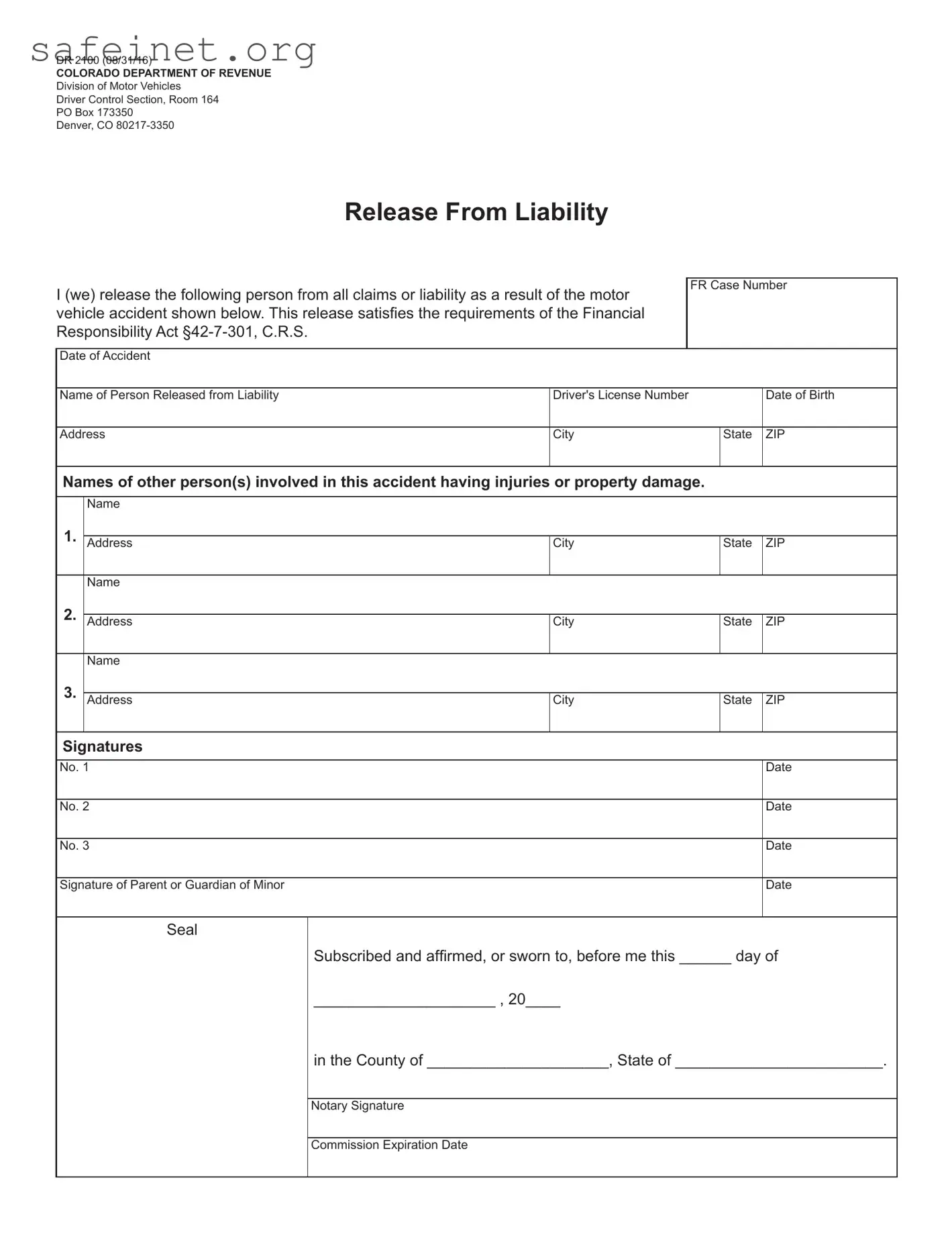 Blank Colorado Dr 2100 Template