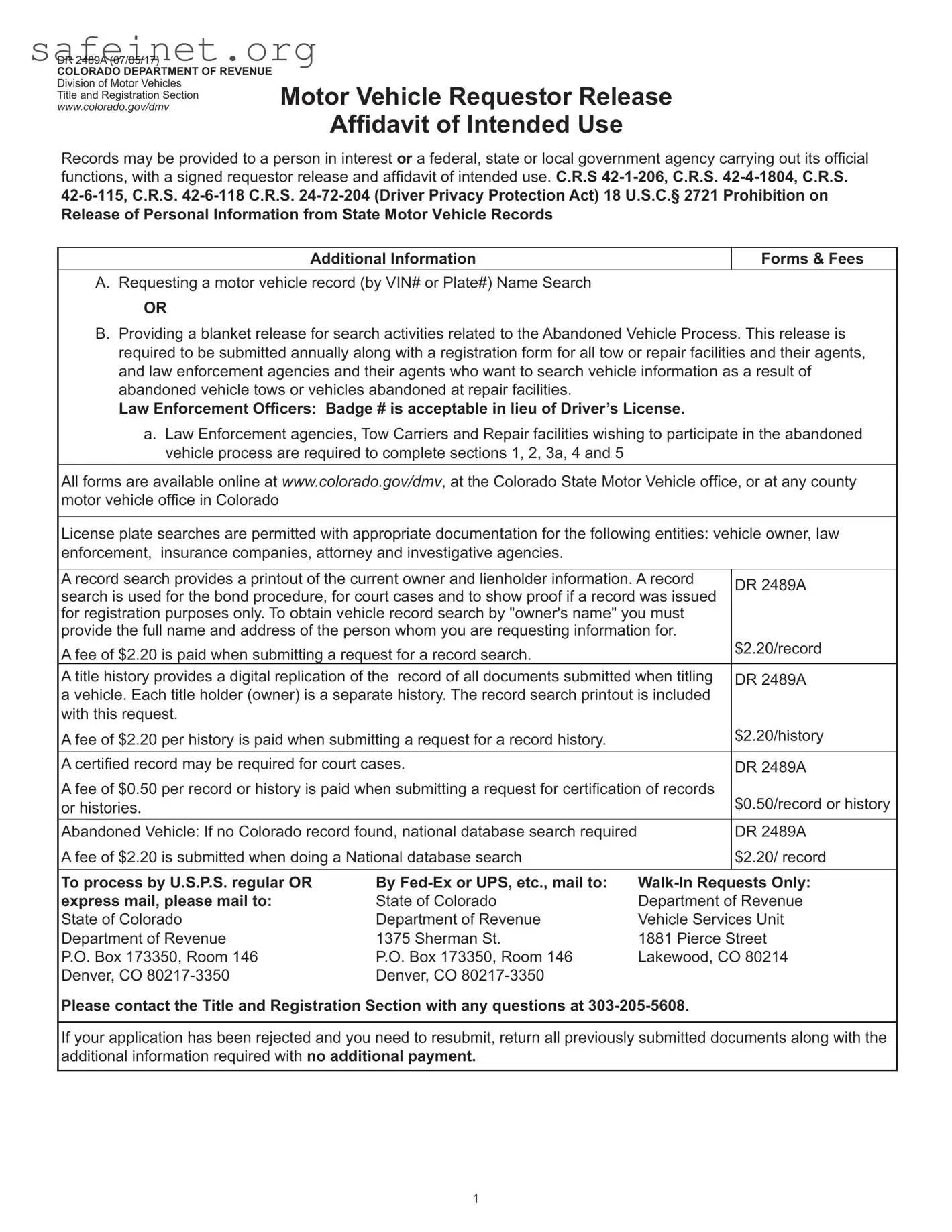 Blank Colorado Dr 2489A Template