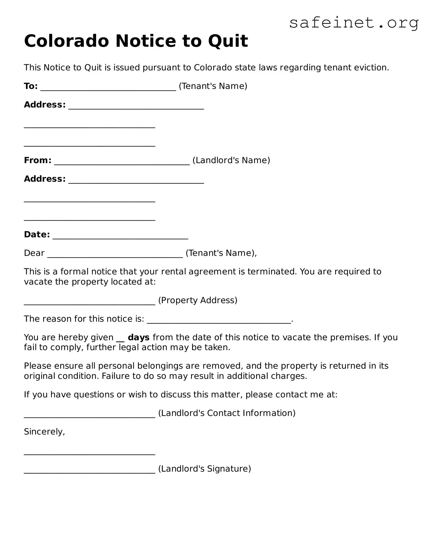 Valid Notice to Quit Template for the State of Colorado