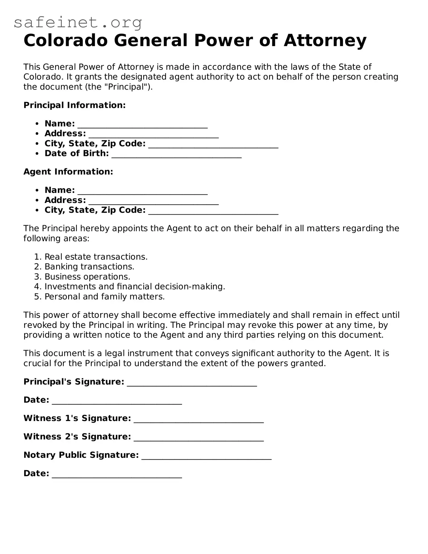 Valid General Power of Attorney Template for the State of Colorado