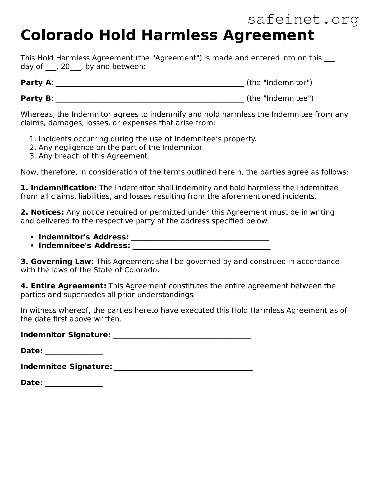 Valid Hold Harmless Agreement Template for the State of Colorado