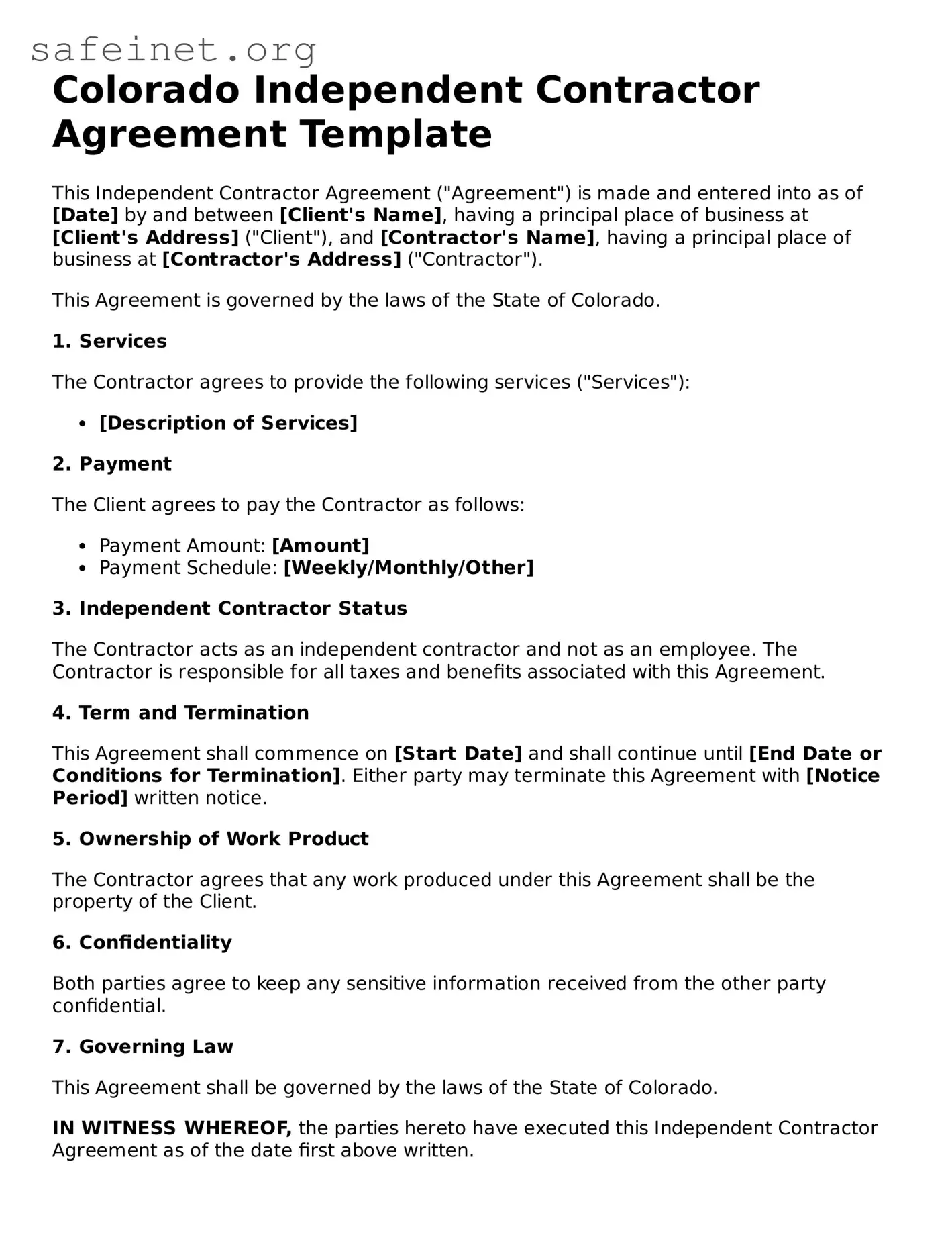 Valid Independent Contractor Agreement Template for the State of Colorado