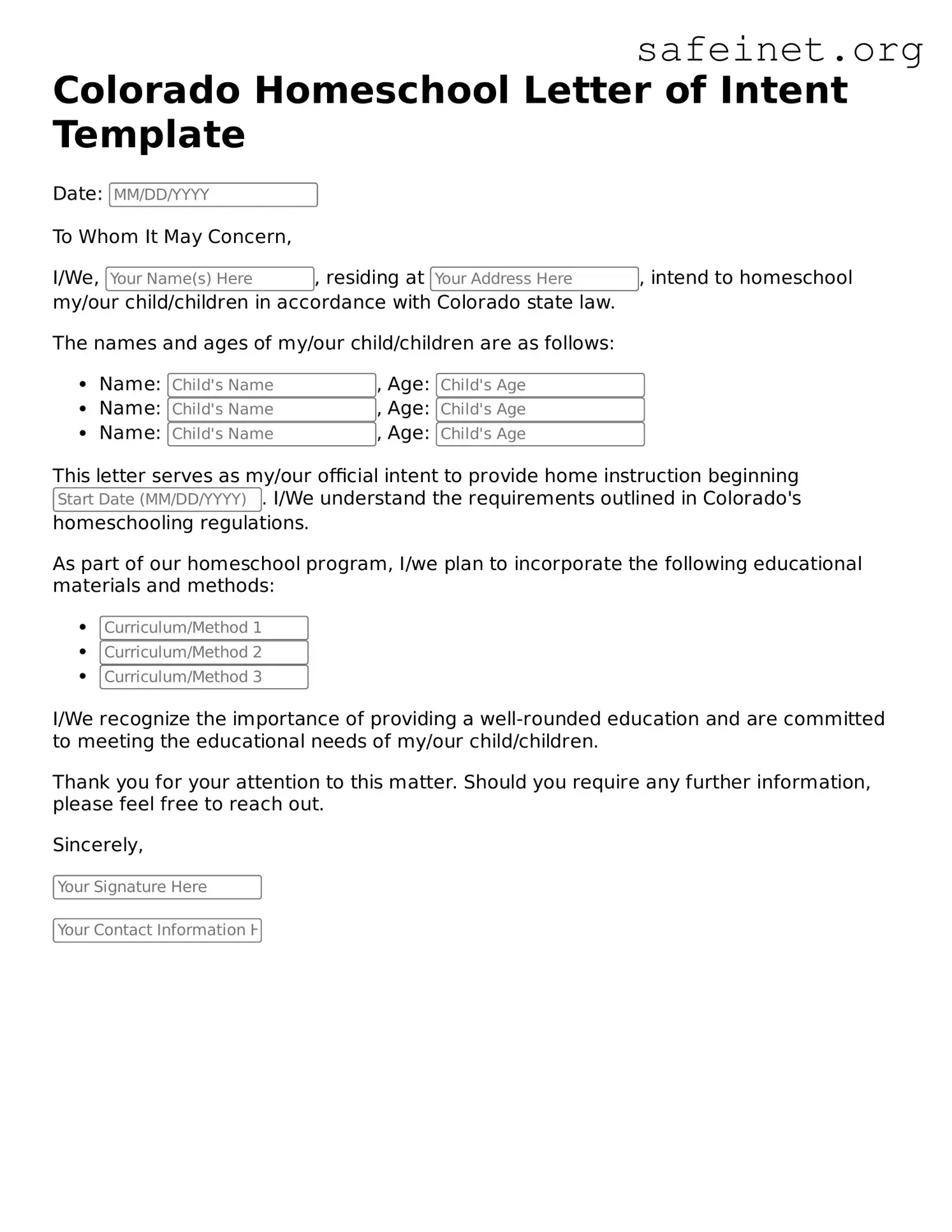 Valid Homeschool Letter of Intent Template for the State of Colorado