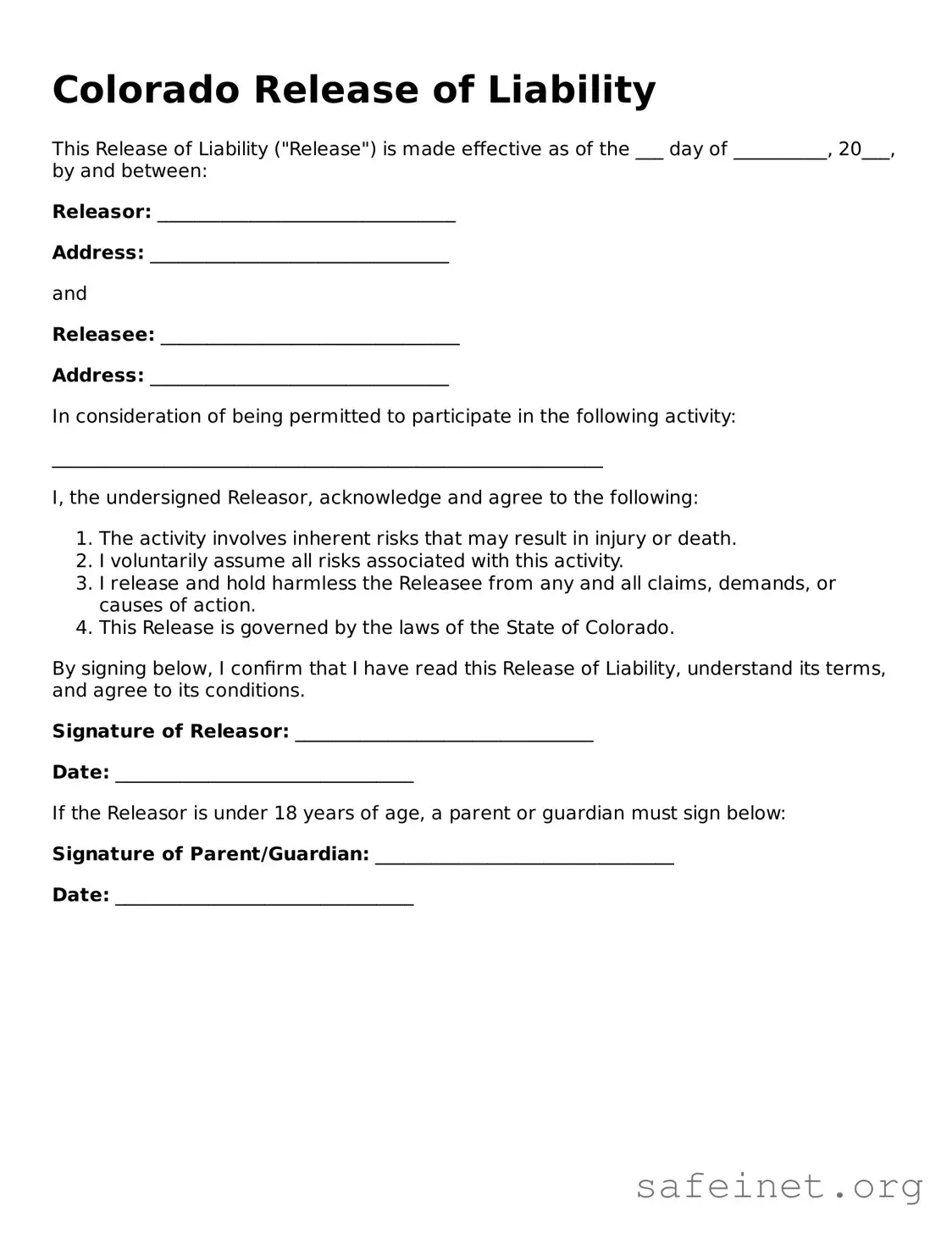 Valid Release of Liability Template for the State of Colorado