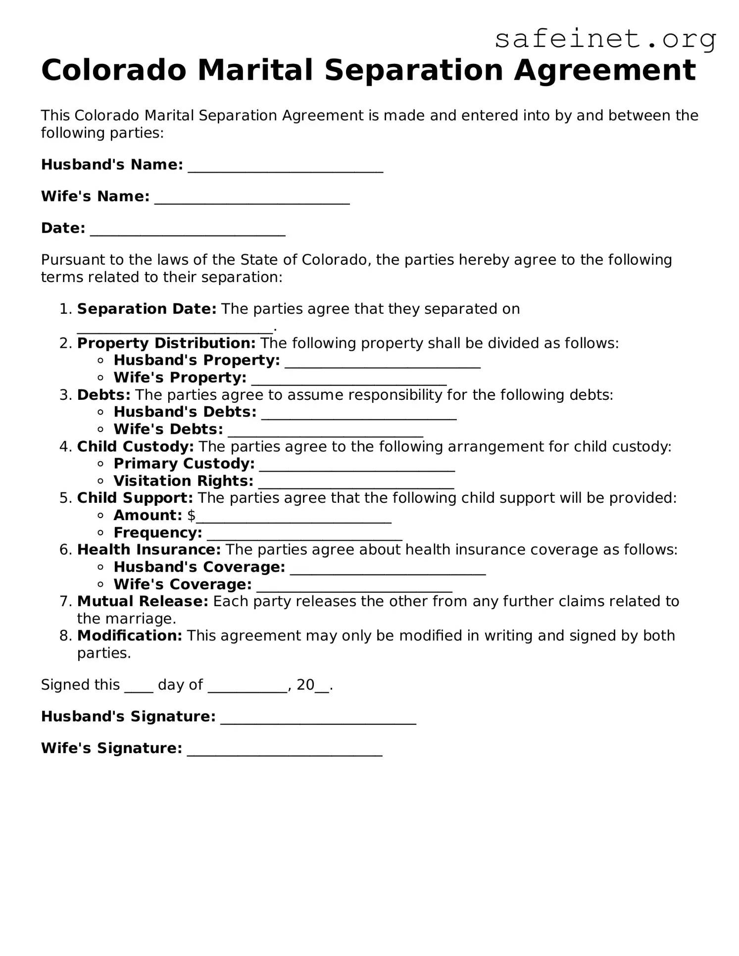 Valid Marital Separation Agreement Template for the State of Colorado