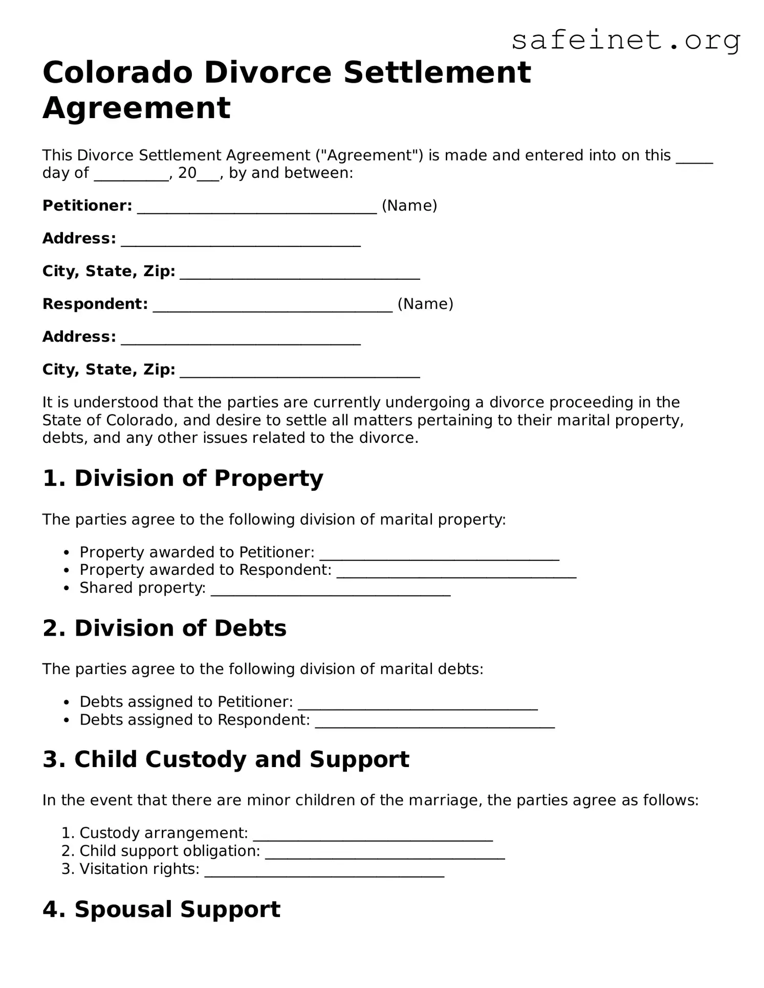 Valid Divorce Settlement Agreement Template for the State of Colorado