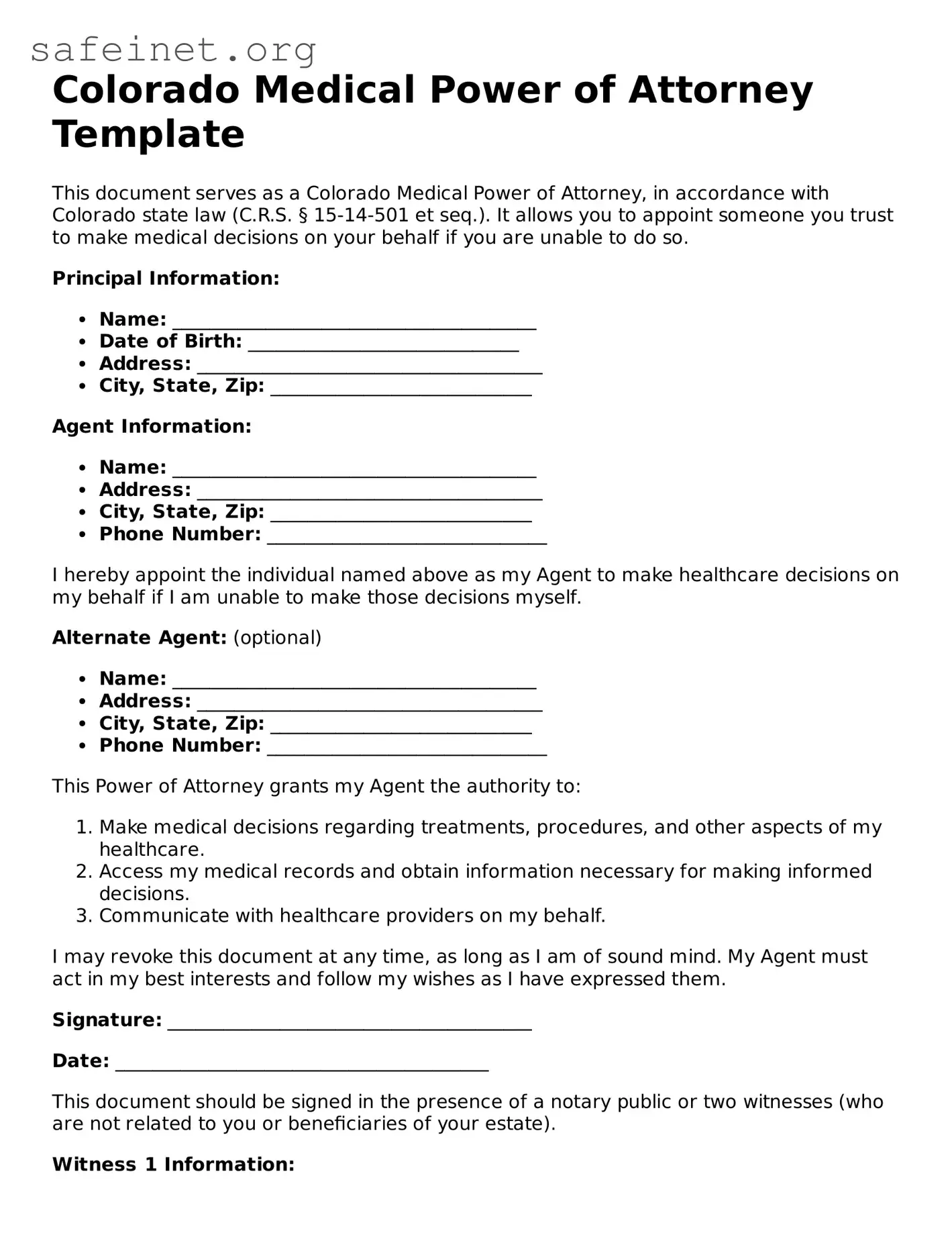 Valid Medical Power of Attorney Template for the State of Colorado