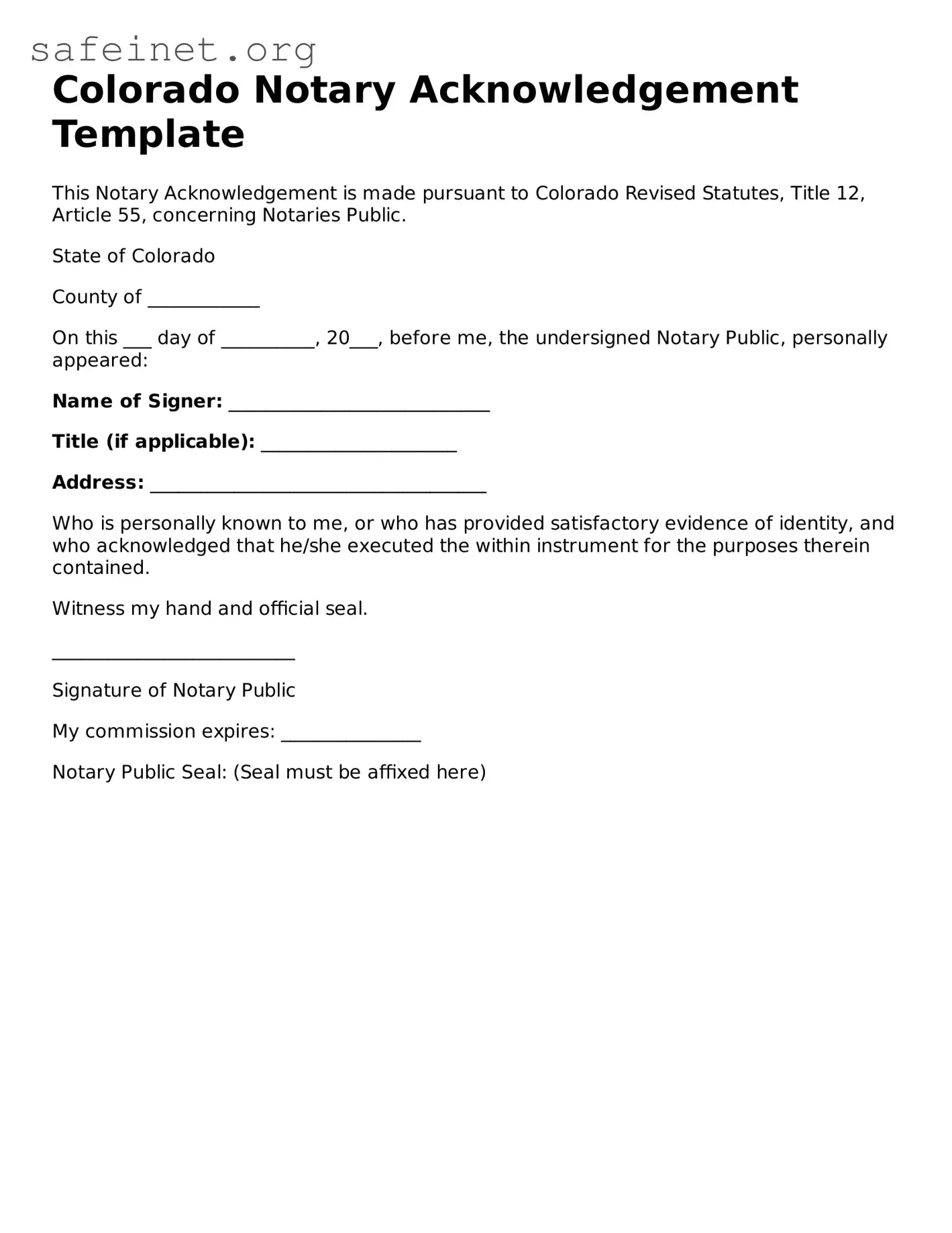 Valid Notary Acknowledgement Template for the State of Colorado