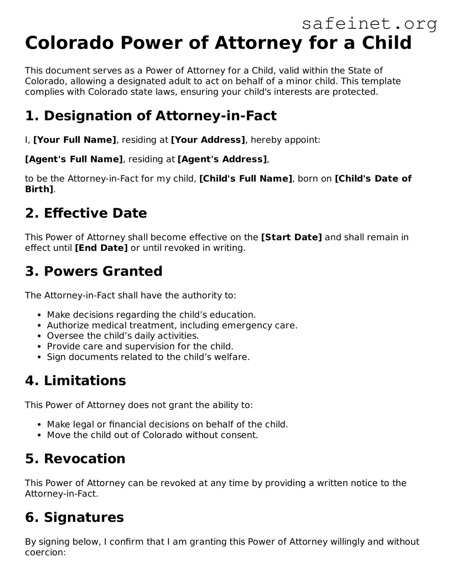 Valid Power of Attorney for a Child Template for the State of Colorado