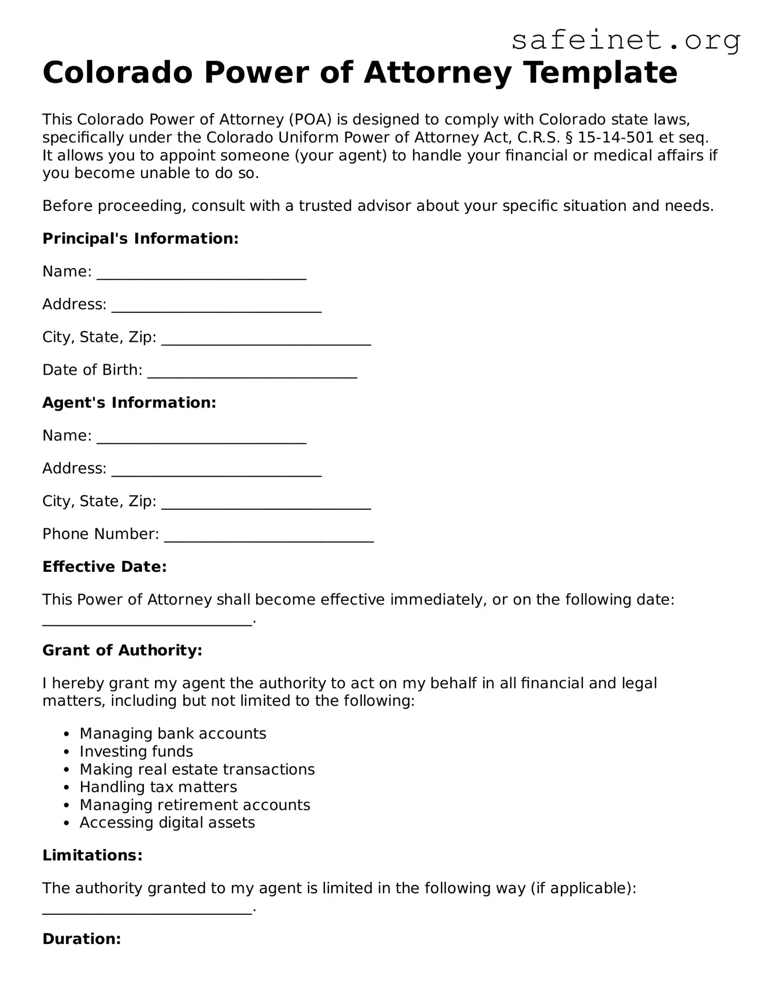 Valid Power of Attorney Template for the State of Colorado