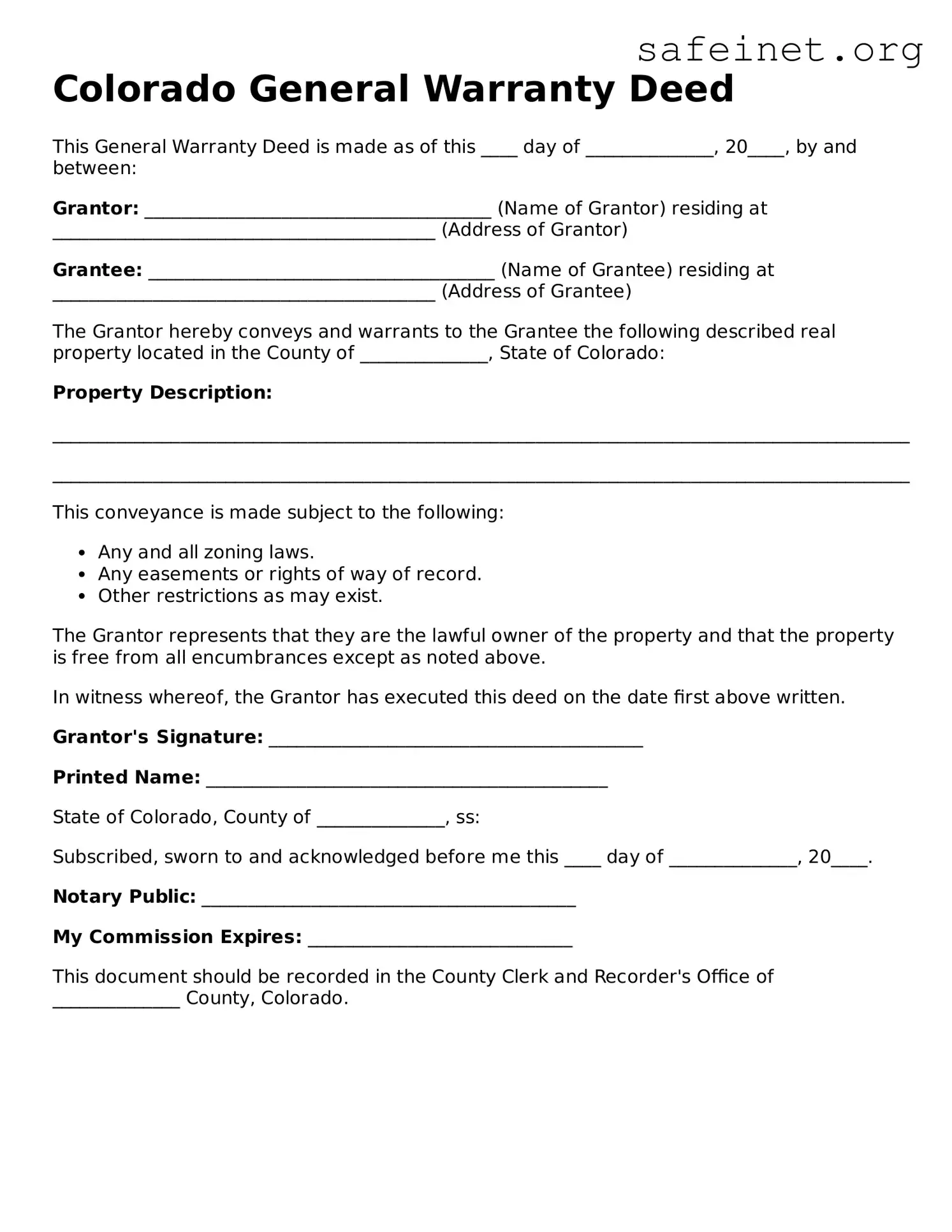 Valid Deed Template for the State of Colorado