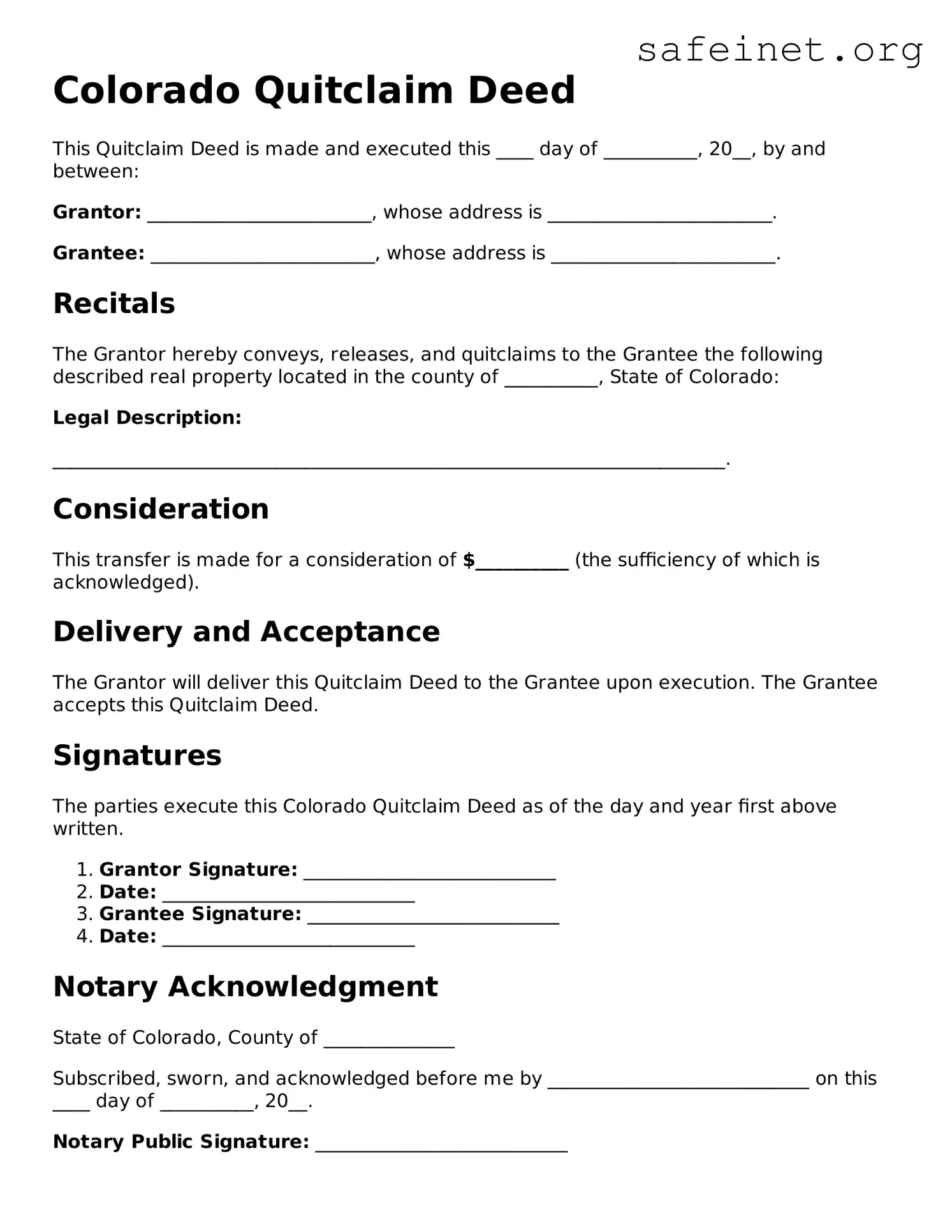 Valid Quitclaim Deed Template for the State of Colorado
