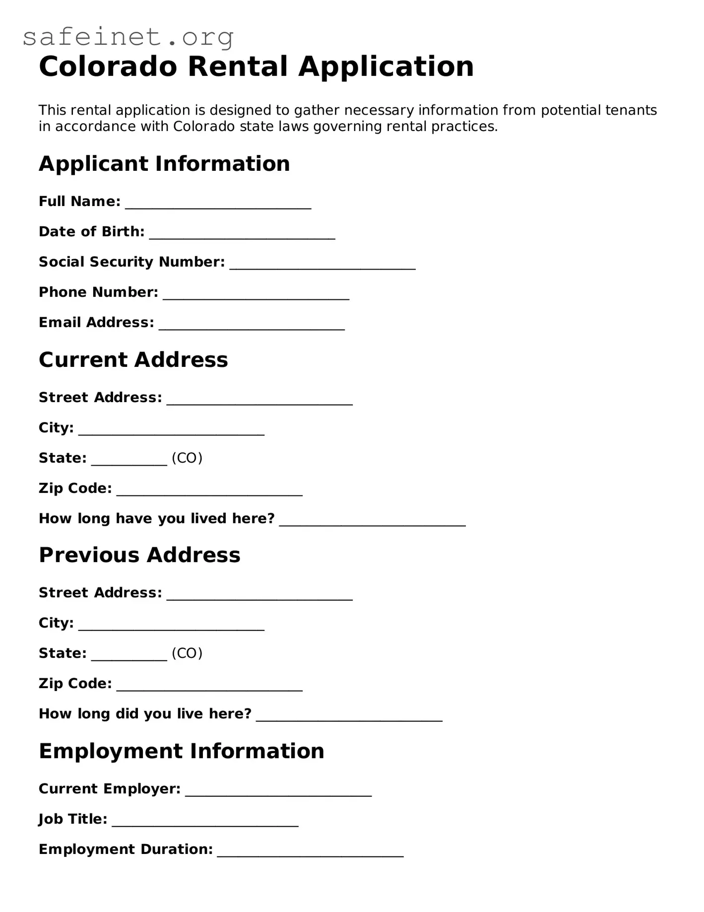 Valid Rental Application Template for the State of Colorado
