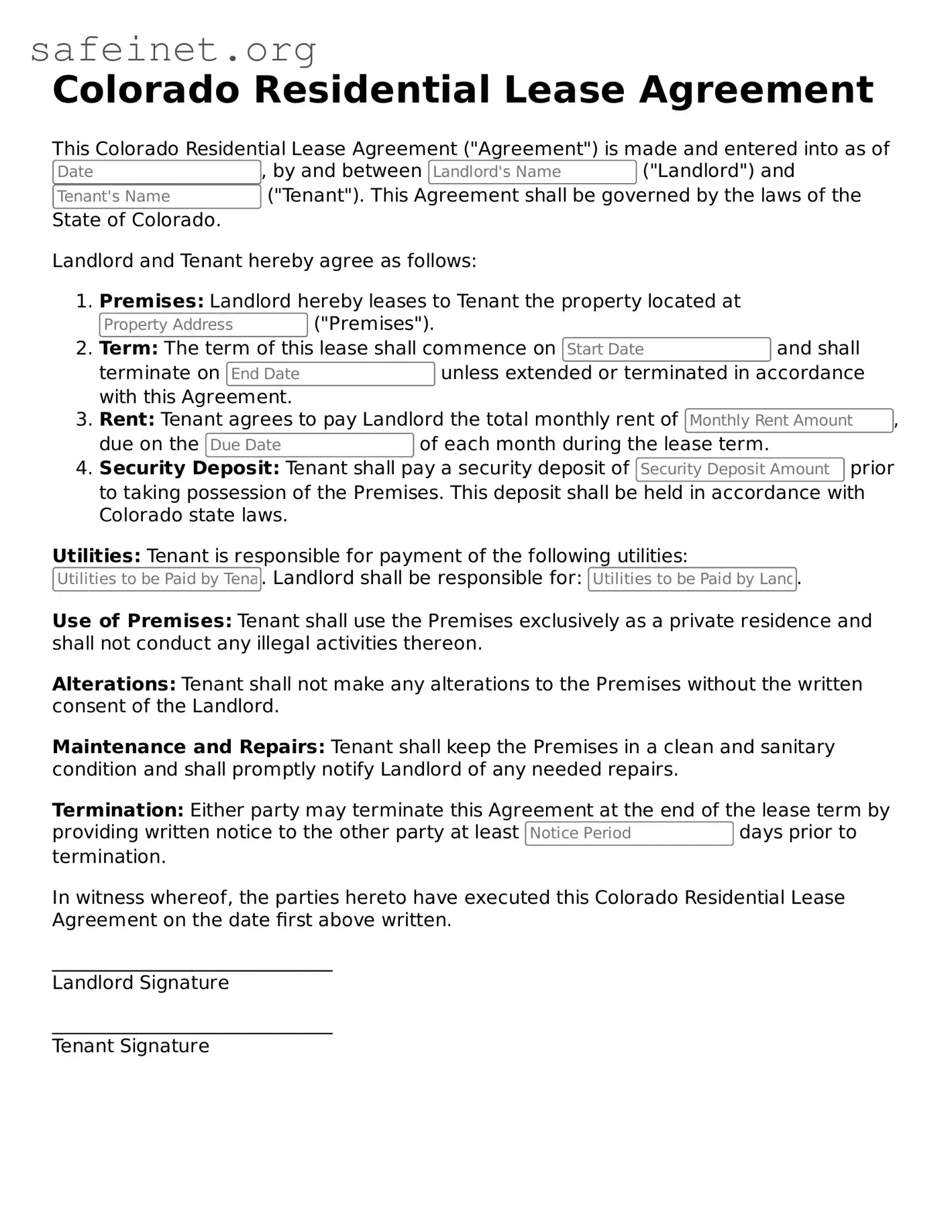 Valid Residential Lease Agreement Template for the State of Colorado