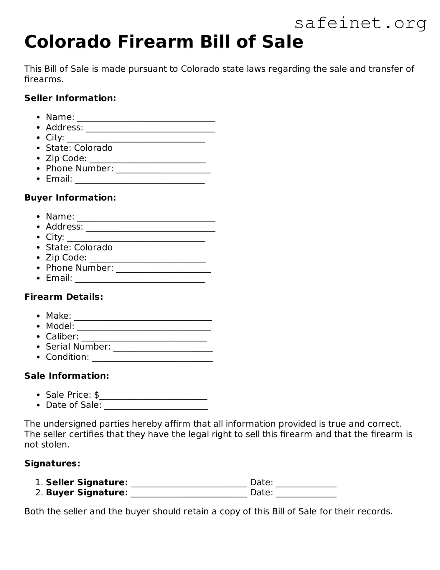 Valid Firearm Bill of Sale Template for the State of Colorado