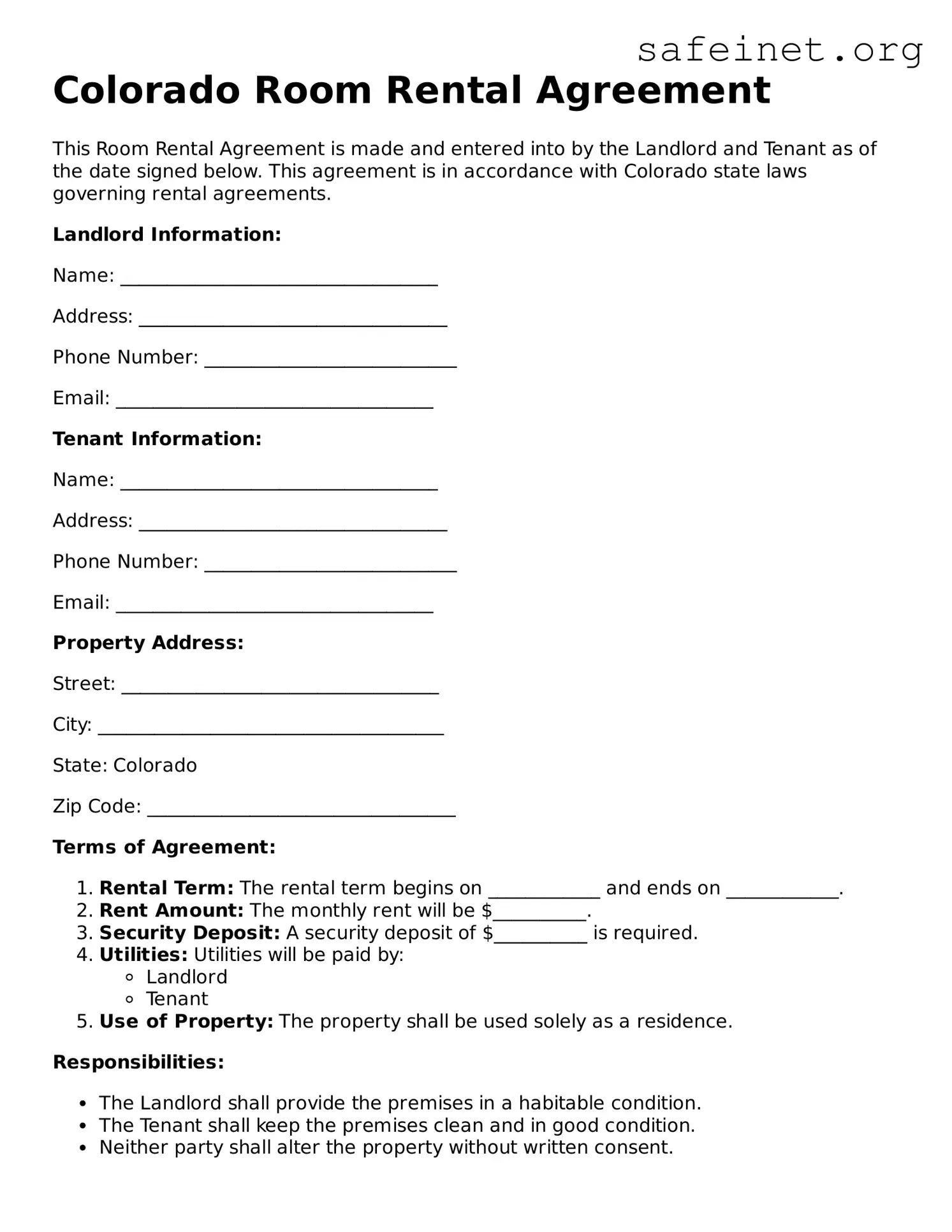 Valid Room Rental Agreement Template for the State of Colorado